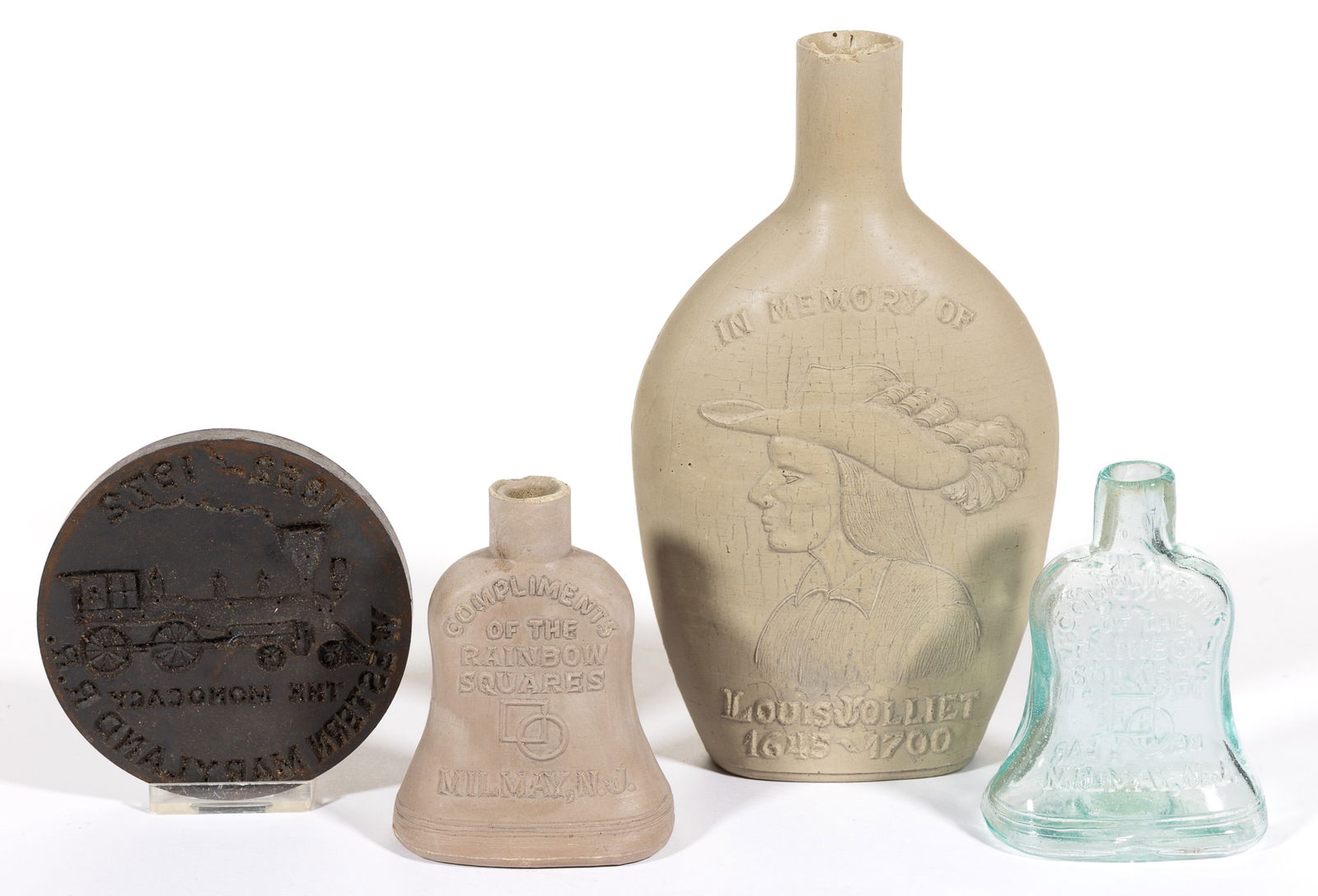 CLEVENGER BROTHERS BOTTLE MODELS AND SLUG PLATE, LOT OF FOUR (1 of 1)