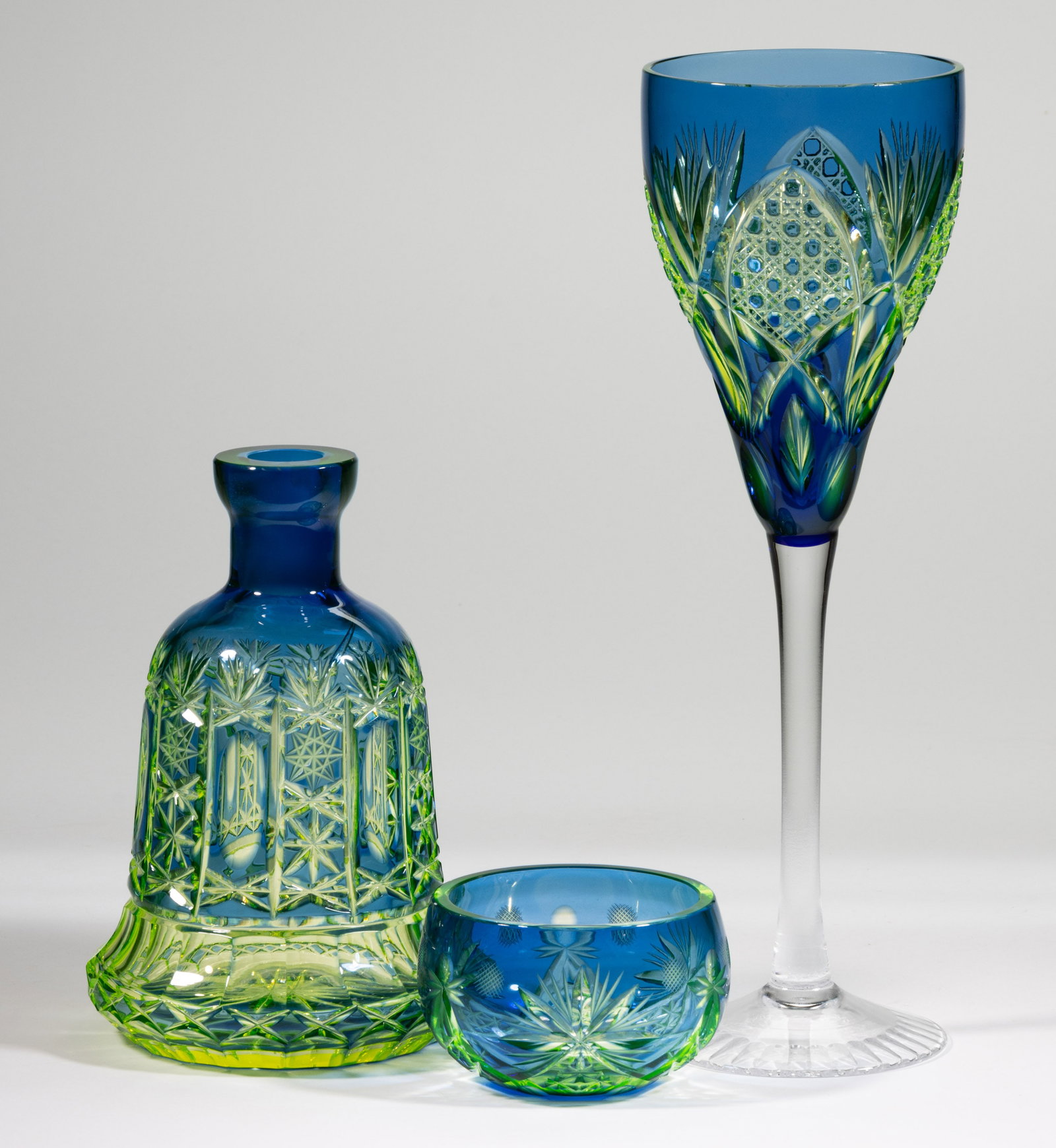 BOHEMIAN CUT OVERLAY VASELINE DRINKING ARTICLES, LOT OF THREE (1 of 1)