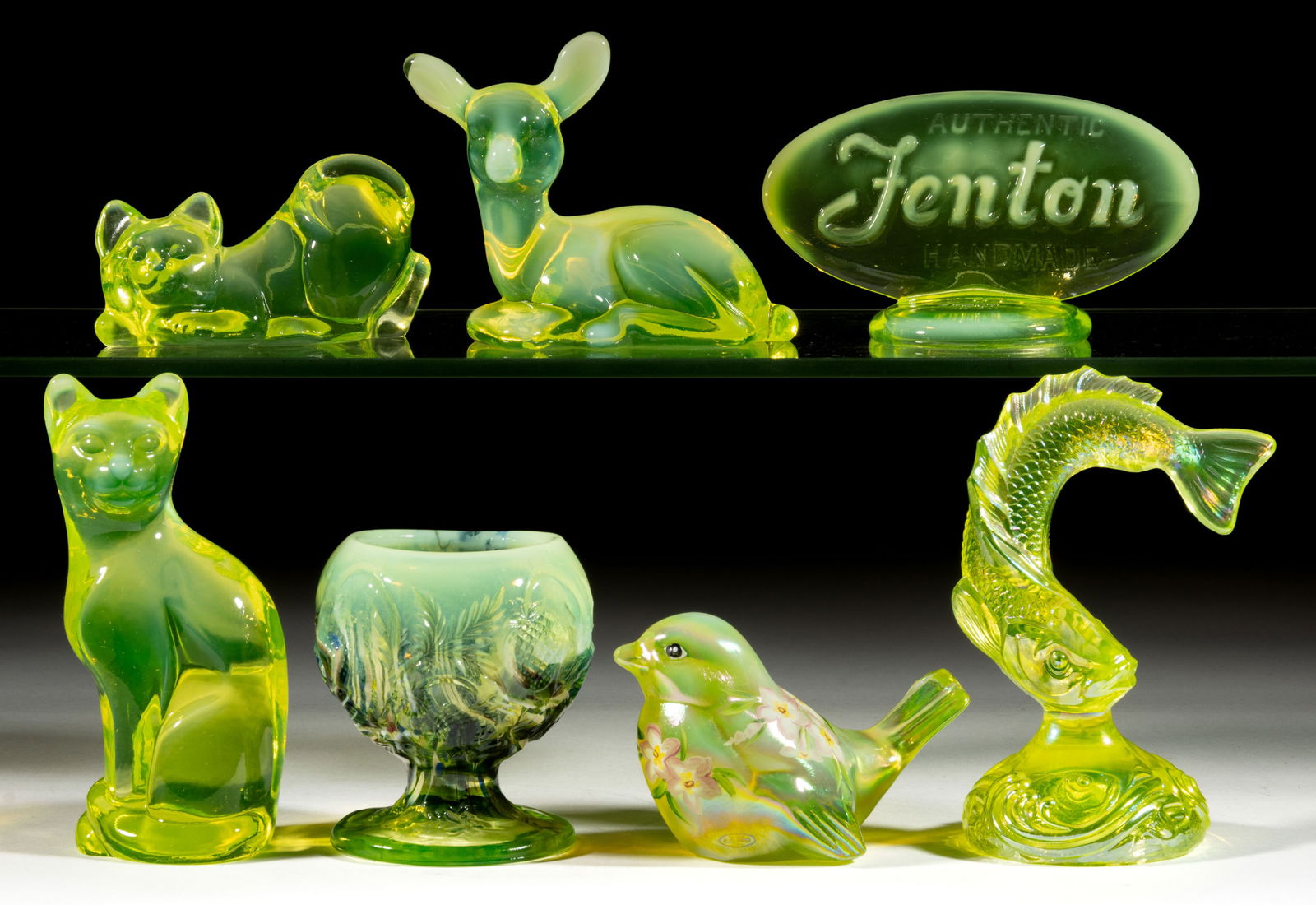 ASSORTED FENTON VASELINE GLASS PAPERWEIGHTS / NOVELTY ARTICLES, LOT OF SEVEN (1 of 1)