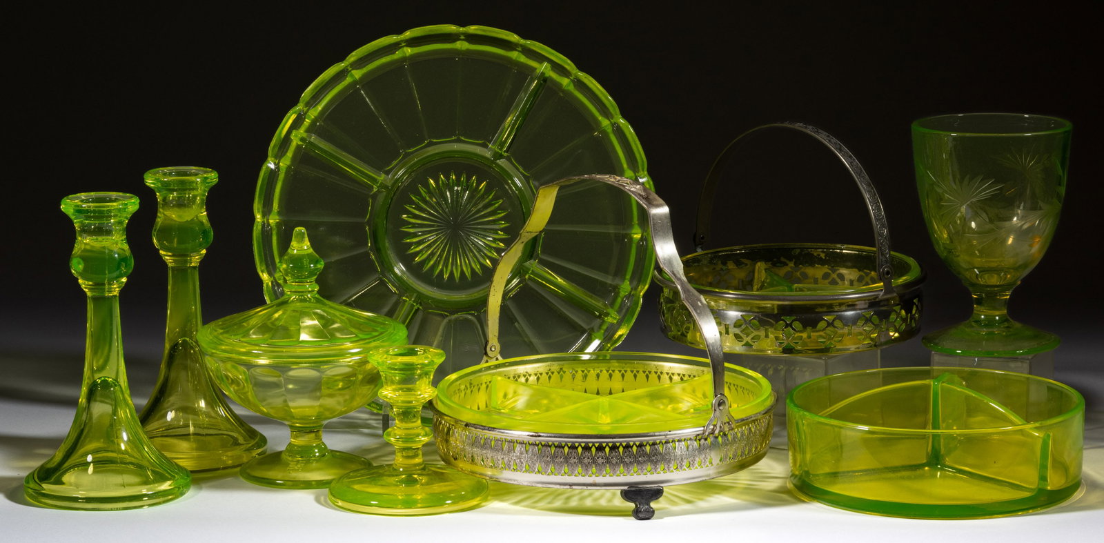 DEPRESSION ERA VASELINE GLASS ARTICLES, LOT OF NINE (1 of 1)