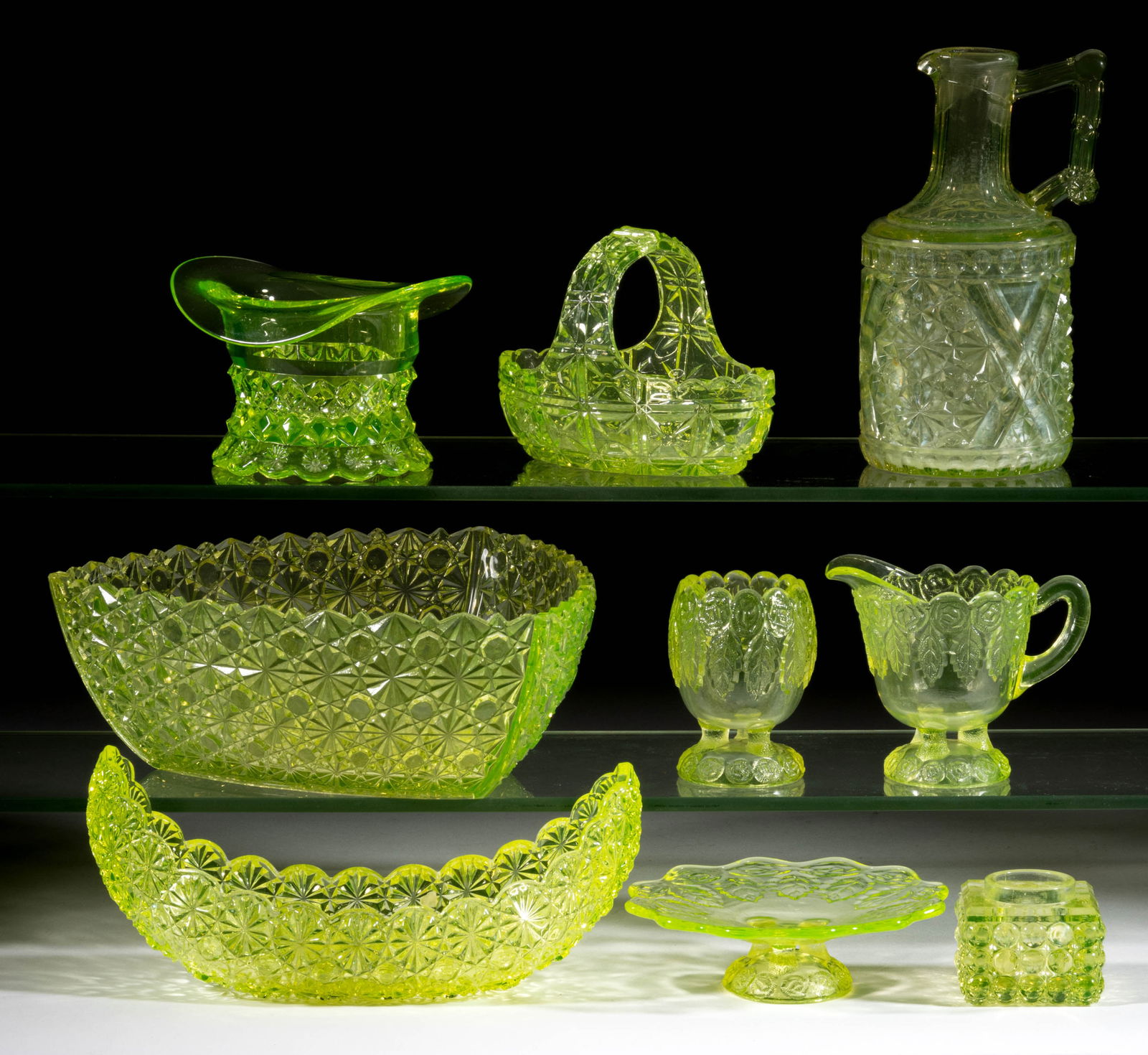 ASSORTED EAPG VASELINE TABLE ARTICLES, LOT OF NINE (1 of 1)