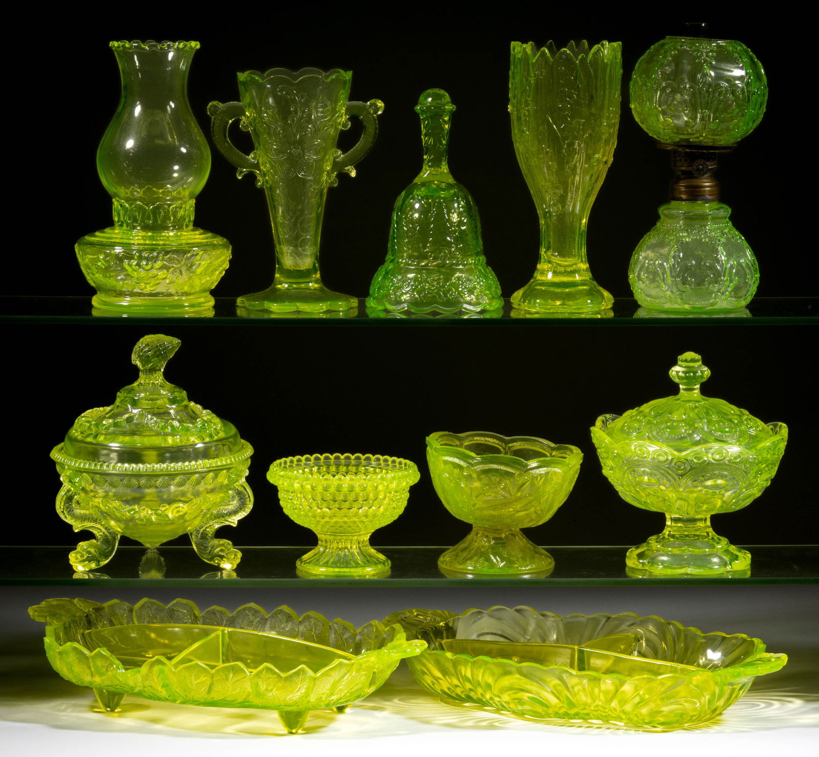 ASSORTED CONTEMPORARY VASELINE GLASS ARTICLES, LOT OF 11 (1 of 1)