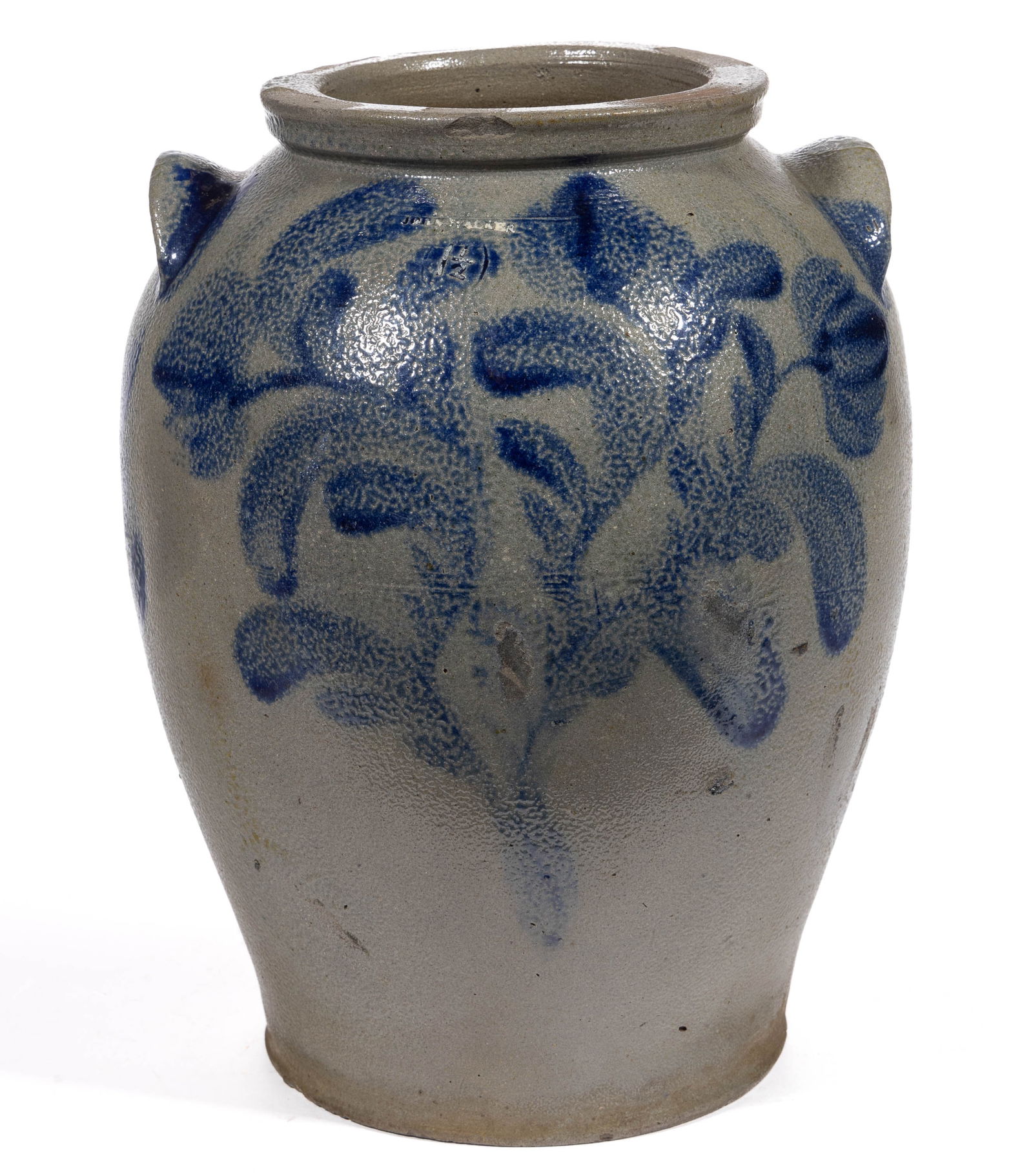 RARE STAMPED "JOHN WALKER", WASHINGTON, DC DECORATED STONEWARE JAR: RARE STAMPED "JOHN WALKER", WASHINGTON, DC DECORATED STONEWARE JAR, salt-glazed, "1 1/2" gallon capacity mark, ovoid form with squared rim and applied arched tab handles. Brus