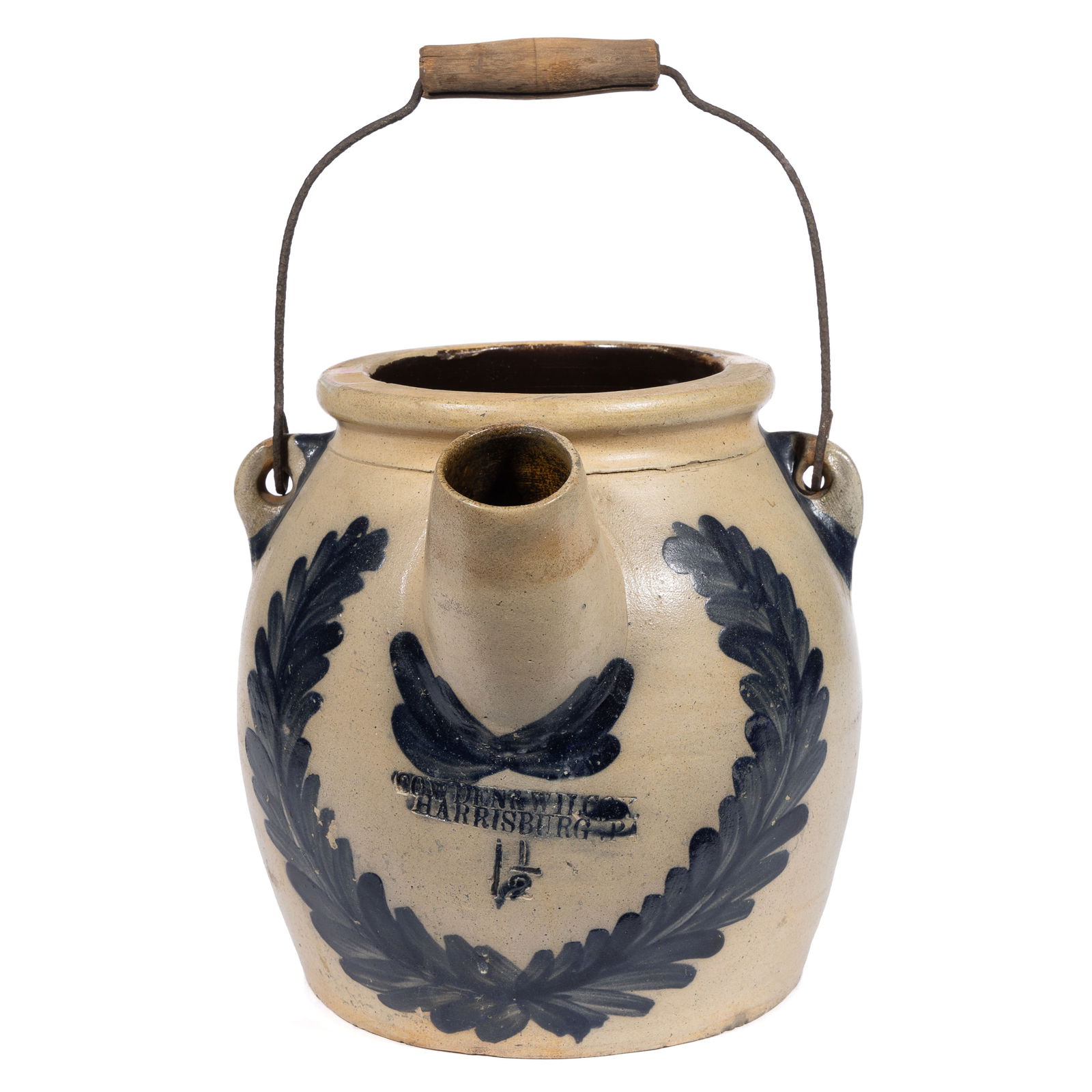 STAMPED "COWDEN & WILCOX, / HARRISBURG, PA", PENNSYLVANIA DECORATED STONEWARE BATTER JUG (1 of 5)