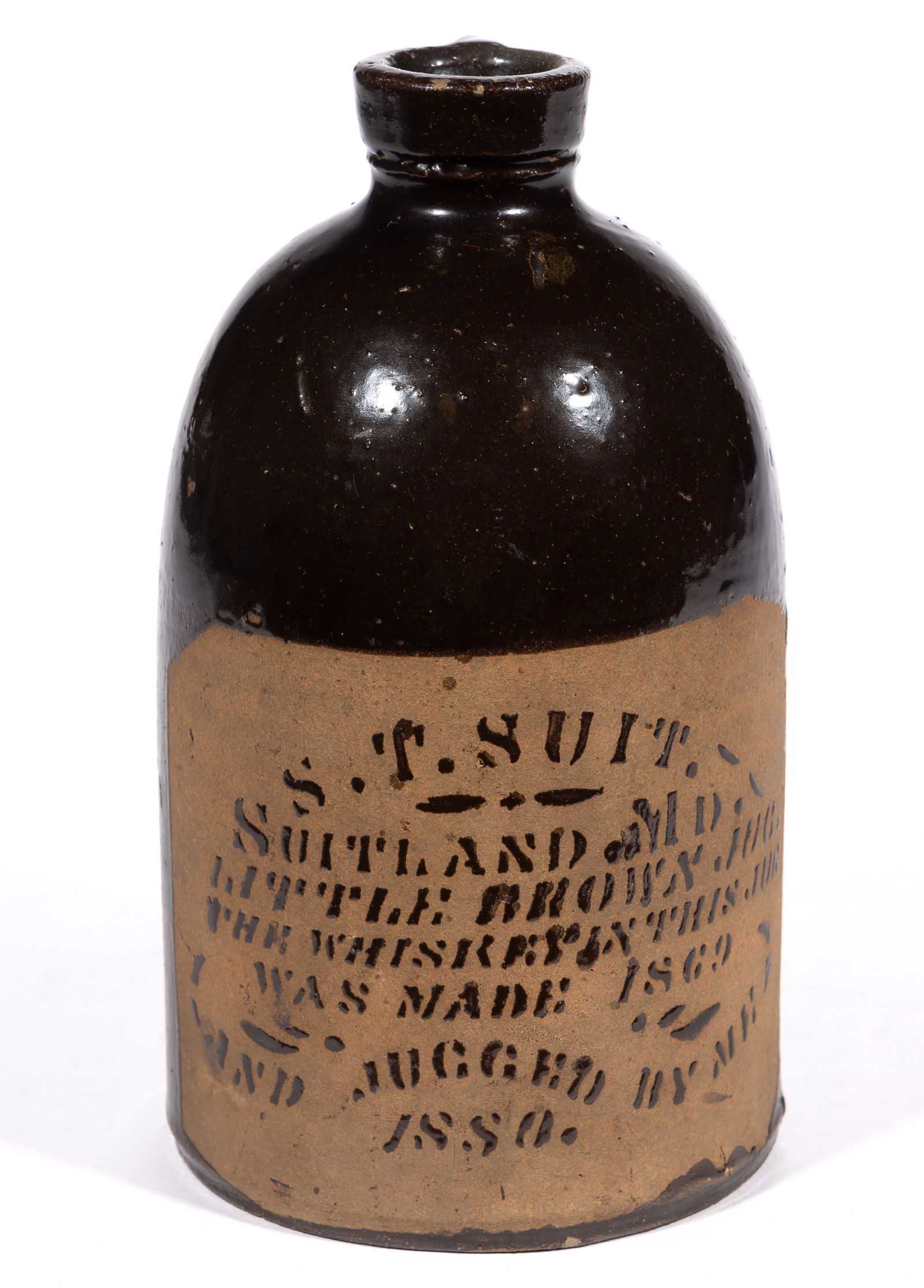 SUITLAND, MARYLAND STENCILED ADVERTISING STONEWARE WHISKEY JUG (1 of 5)