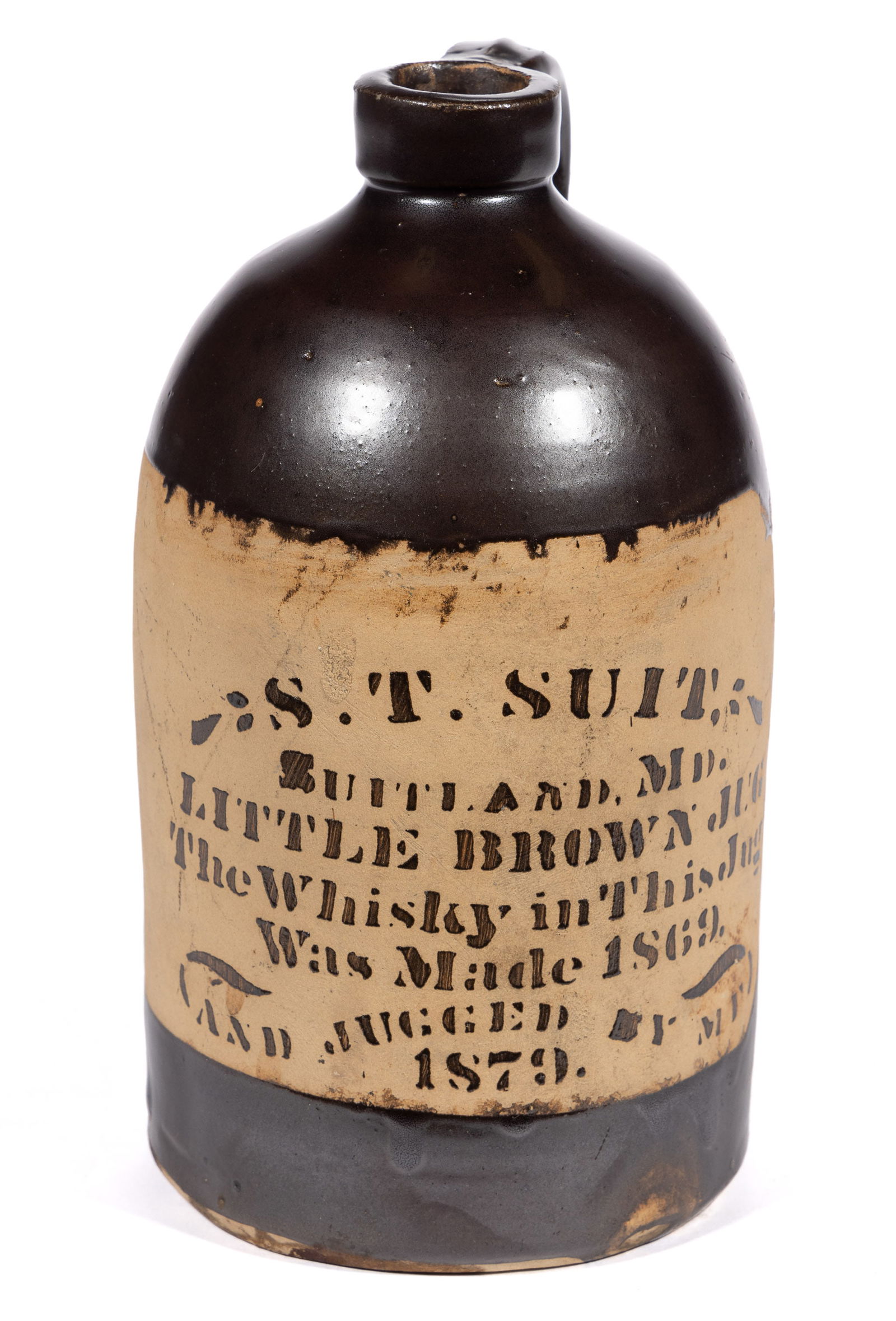 SUITLAND, MARYLAND STENCILED ADVERTISING STONEWARE WHISKEY JUG (1 of 5)