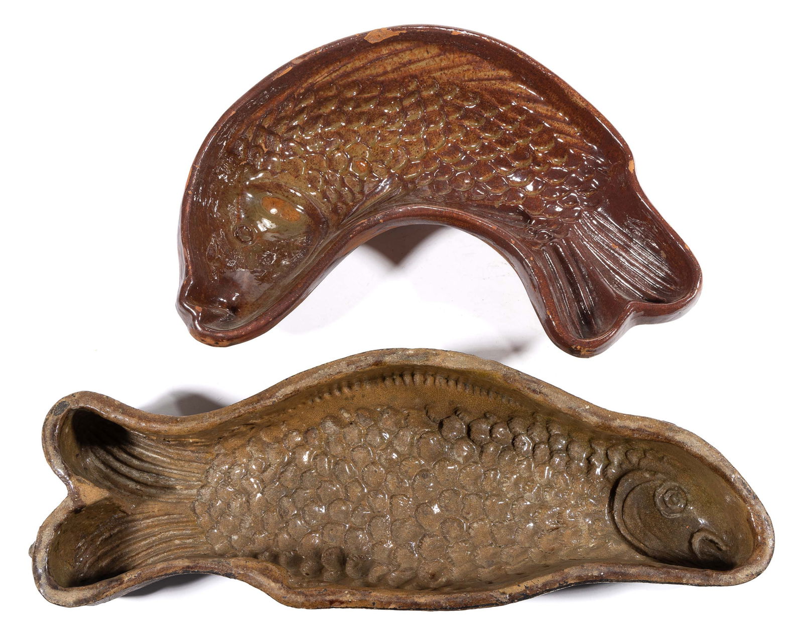 EARTHENWARE / REDWARE FIGURAL FISH FOOD MOLDS, LOT OF TWO (1 of 3)