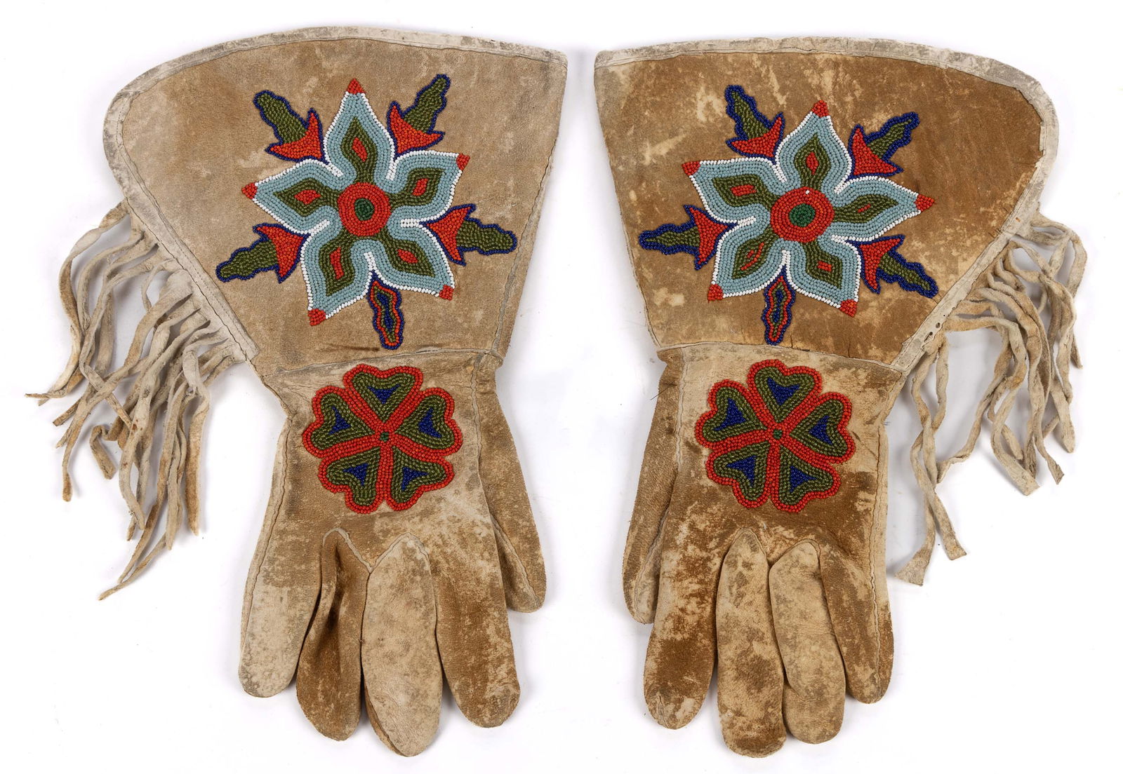 NATIVE AMERICAN BEADED HIDE GAUNTLET GLOVES, PAIR (1 of 2)