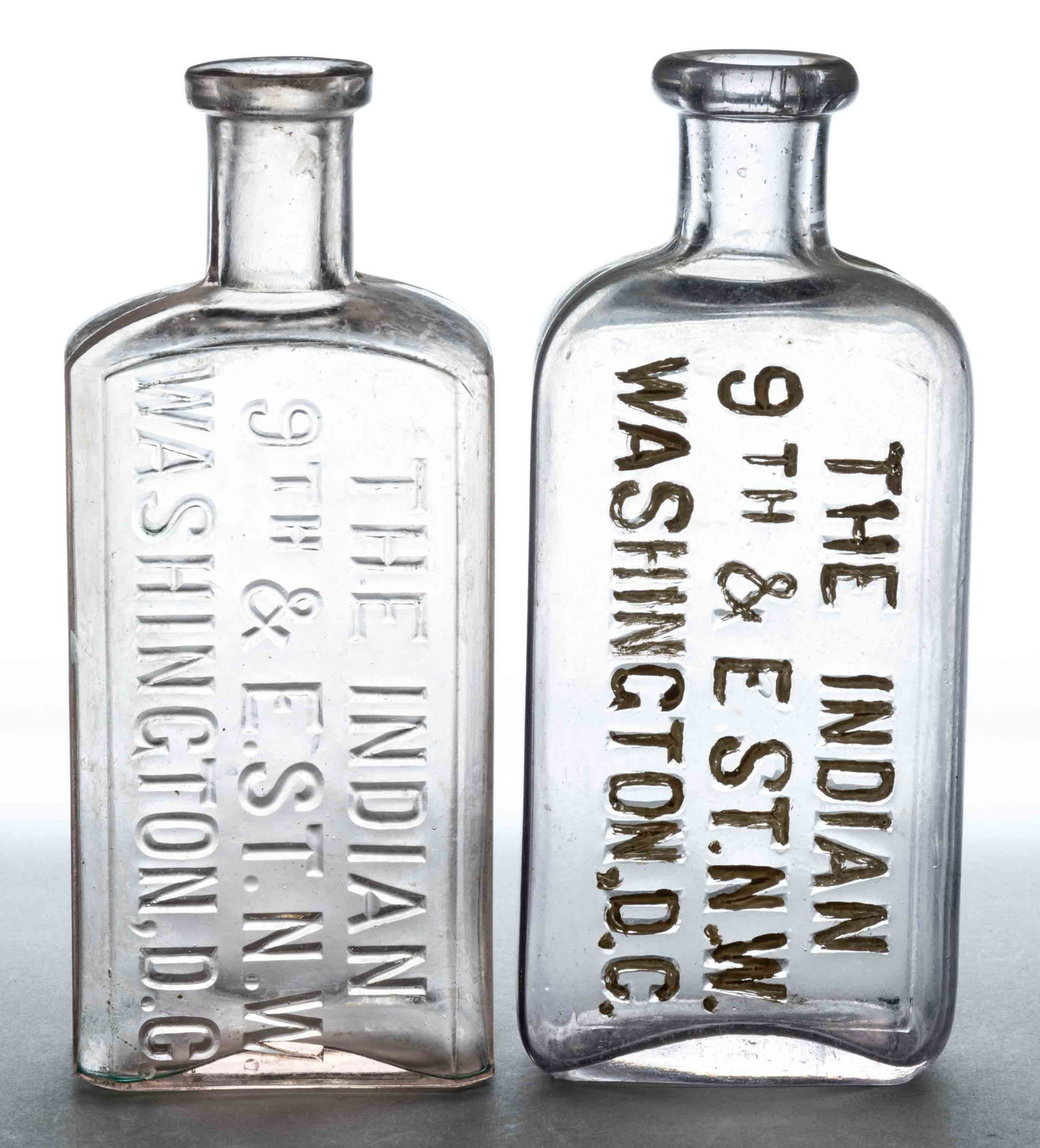 THE INDIAN, WASHINGTON, DC WHISKEY FLASKS / BOTTLES, LOT OF TWO (1 of 1)