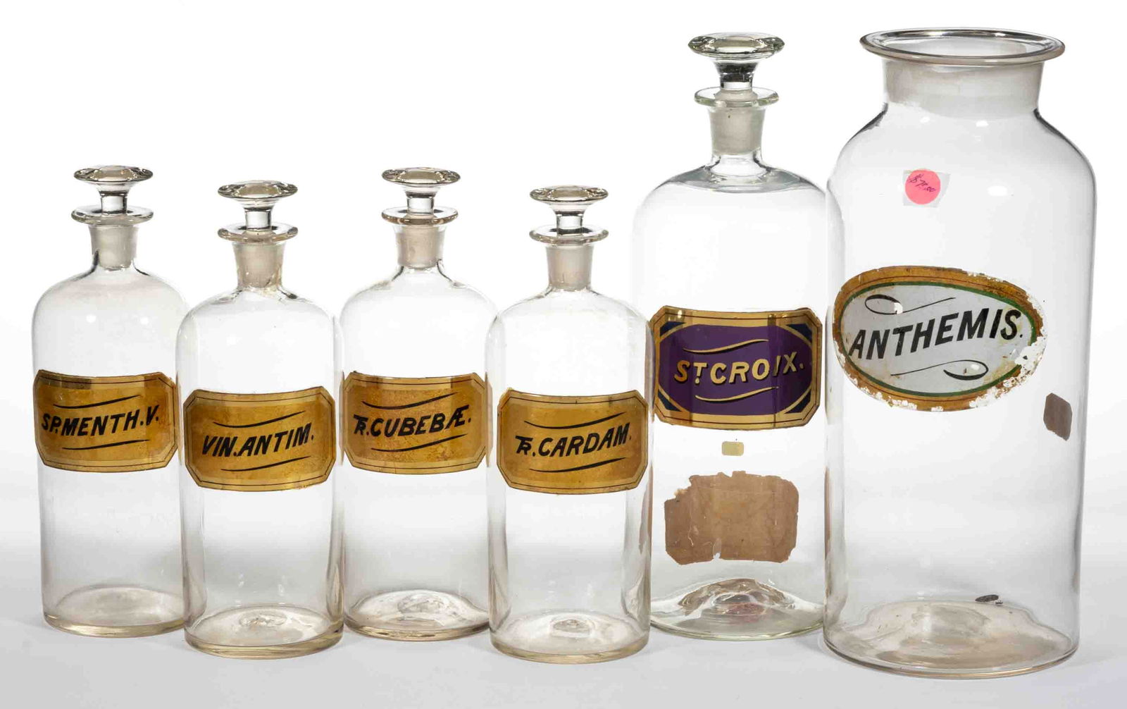 LABEL UNDER GLASS APOTHECARY BOTTLES / JARS, LOT OF SIX (1 of 1)