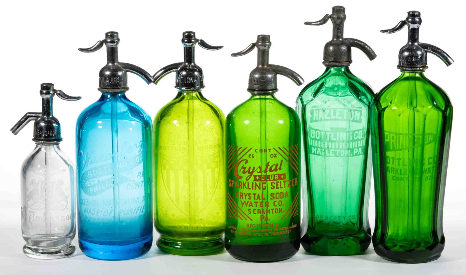 Assorted Etched Seltzer Bottles, Lot Of Six Auction