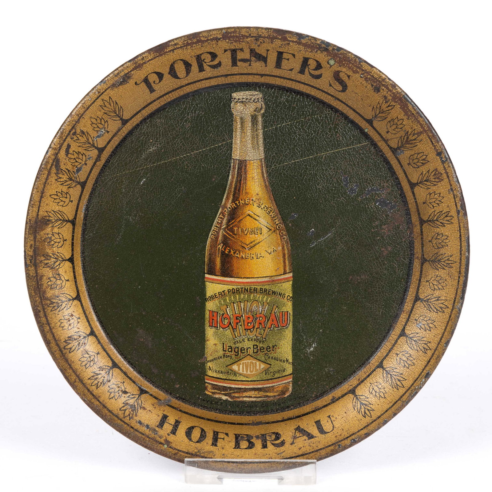 RARE PRE-PROHIBITION ROBERT PORTNER BREWING CO. (ALEXANDRIA, VIRGINIA) TIN ADVERTISING TIP TRAY: RARE PRE-PROHIBITION ROBERT PORTNER BREWING CO. (ALEXANDRIA, VIRGINIA) TIN ADVERTISING TIP TRAY, circular form with chromolithographic design featuring beer bottle on a dark ground. Circa 19