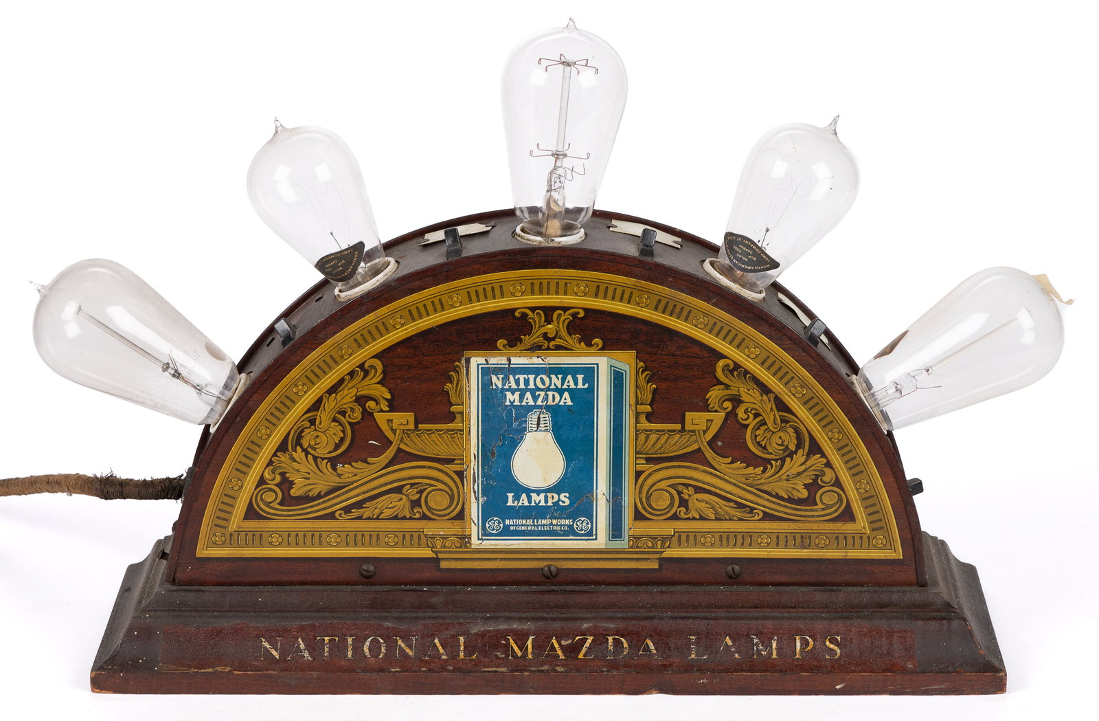 NATIONAL MAZDA LAMPS COUNTRY STORE LIGHT BULB DISPLAY AND BULBS, LOT OF SIX: NATIONAL MAZDA LAMPS COUNTRY STORE LIGHT BULB DISPLAY AND BULBS, LOT OF SIX, counter top display with lithographed tin side panels and painted wooden base, retains original cord and plug,&nb
