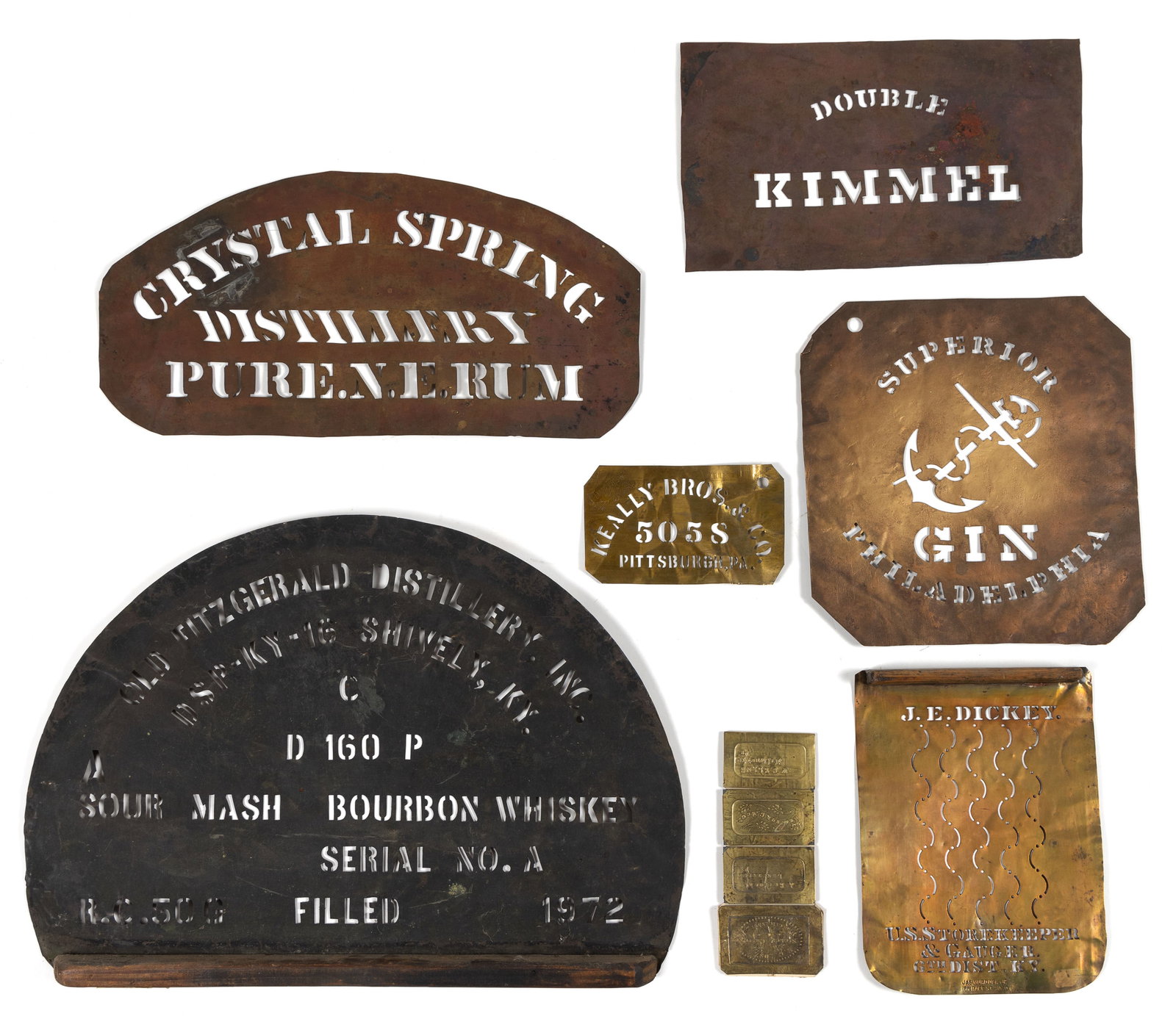 ASSORTED PENNSYLVANIA / KENTUCKY BRASS DISTILLERY AND OTHER STENCILS, LOT OF SEVEN: ASSORTED PENNSYLVANIA / KENTUCKY BRASS DISTILLERY AND OTHER STENCILS, LOT OF SEVEN, includes examples reading "CRYSTAL SPRING / DISTILLERY / PURE. N. E. RUM" thought to be Crystal Spring Dis