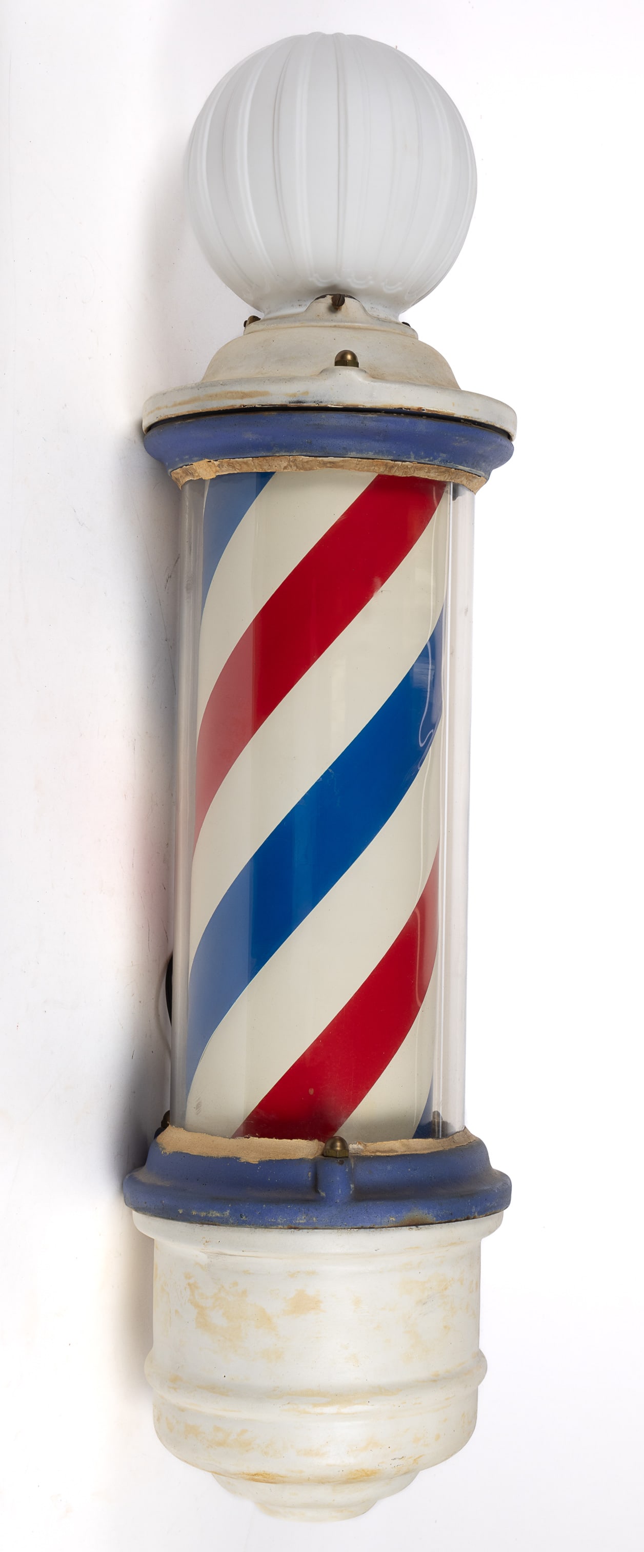 PAIDAR CAST-IRON BARBERS' POLE WITH GLASS GLOBE: PAIDAR CAST-IRON BARBERS' POLE WITH GLASS GLOBE, cast-iron body with likely original glass and striped portion, enamel appears to be original and unrestored, together with a probably original glas