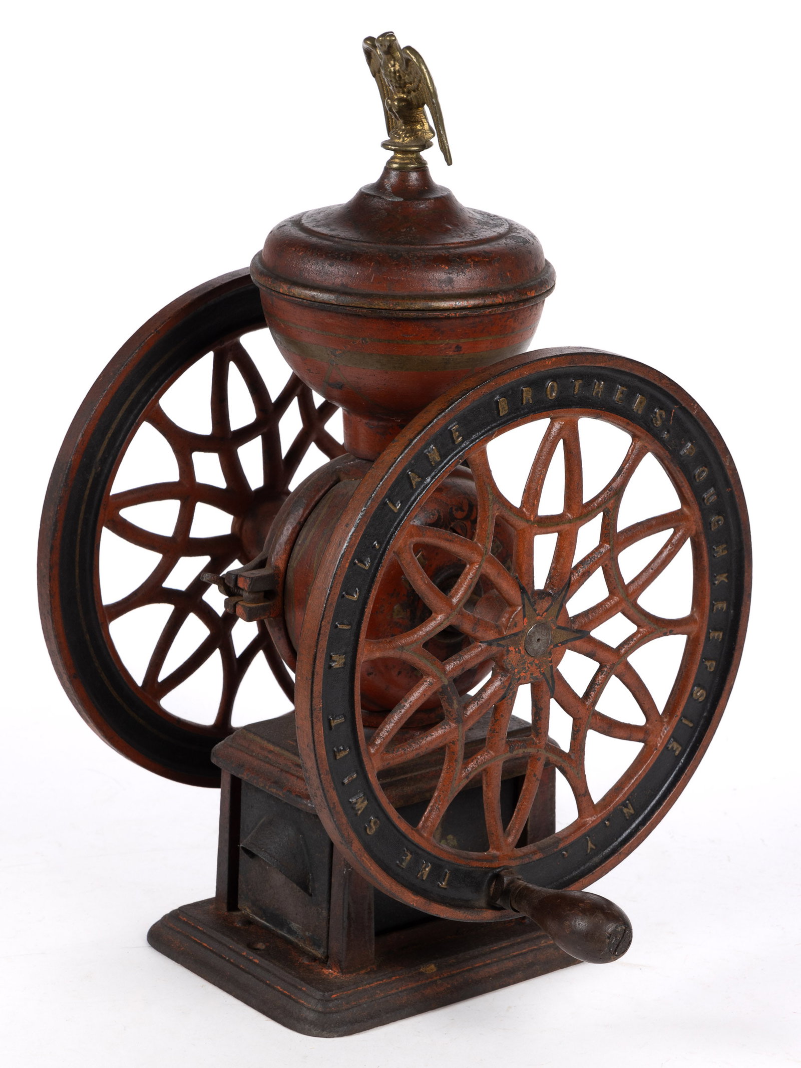 SWIFT MILL LANE BROTHERS NO. 13 TWO-WHEEL CAST-IRON COFFEE MILL: SWIFT MILL LANE BROTHERS NO. 13 TWO-WHEEL CAST-IRON COFFEE MILL, swivel lid with large eagle finial (possibly associated), original metal drawer and painted decoration. Swift Mill Lane 