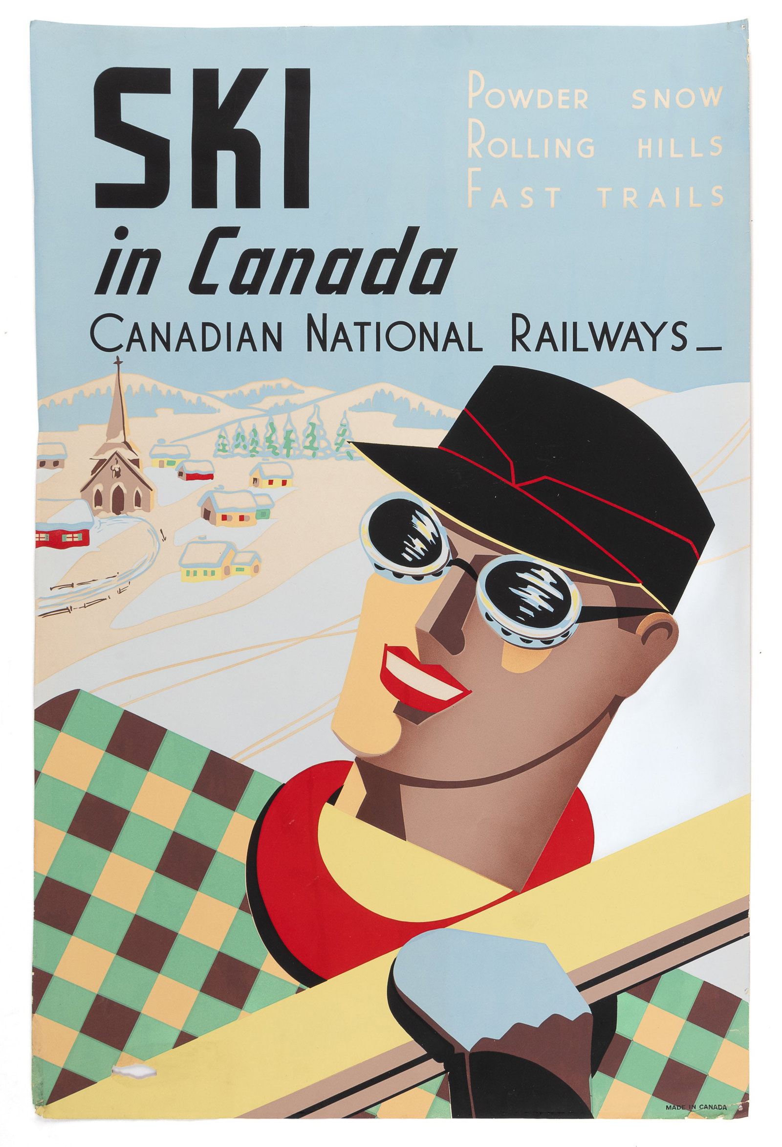 SKI IN CANADA / CANADIAN NATIONAL RAILWAYS POSTER: SKI IN CANADA / CANADIAN NATIONAL RAILWAYS POSTER, silkscreen, depicts a man in green plaid with goggles on, text in upper right reads "POWDER SNOW / ROLLING HILLS / FAST TRAILS". Unfra