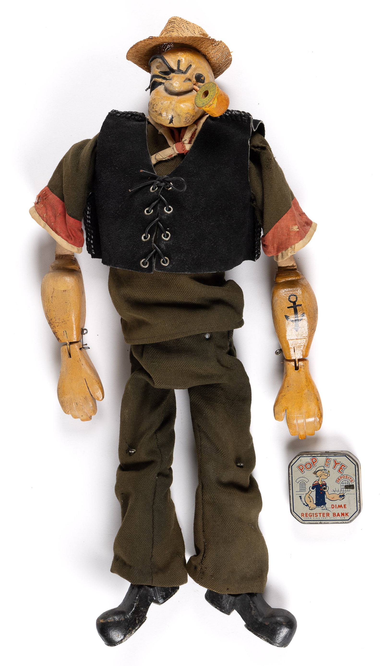 POPEYE FOLK ART MARIONETTE AND DIME BANK, LOT OF TWO: POPEYE FOLK ART MARIONETTE AND DIME BANK, LOT OF TWO, marionette is hand carved, with fitted clothes sewn on, pipe is made from thread spool; dime register bank is lithographed tin with a 1929 copyrig