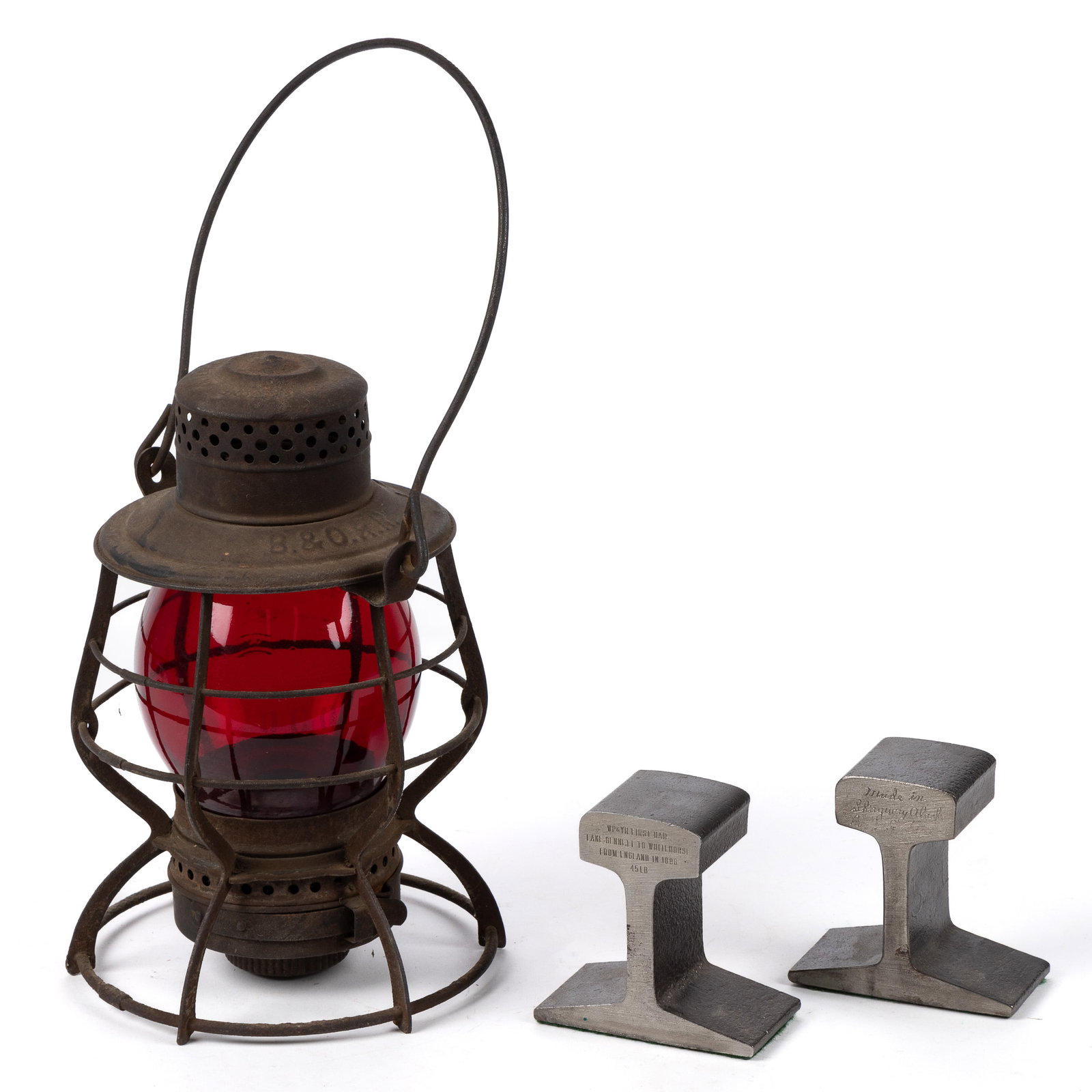B. & O. RAILROAD LANTERN WITH SAFETY FIRST GLOBE: B. & O. RAILROAD LANTERN WITH SAFETY FIRST GLOBE, cap marked with manufacturer, shoulder embossed "B. & O. R. R.", globe embossed with an image of the capital dome and reads &qu