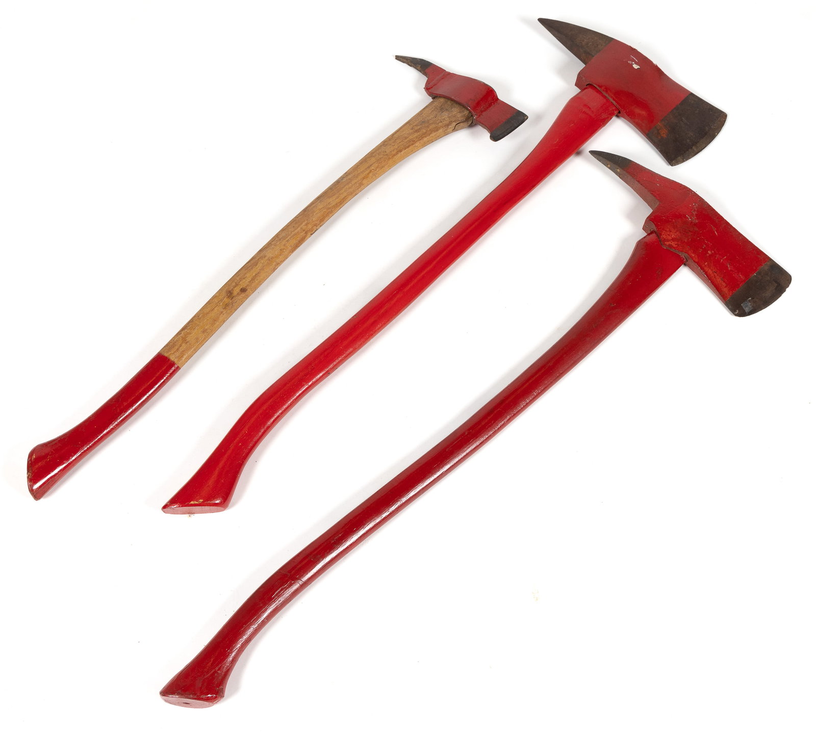 IRON FIREFIGHTER / FIREMAN'S AXES, LOT OF THREE: IRON FIREFIGHTER / FIREMAN'S AXES, LOT OF THREE, all painted red and all having wooden handles, one example marked "TRUE TEMPER / KELLY WORKS". 20th century. Longest 36" L