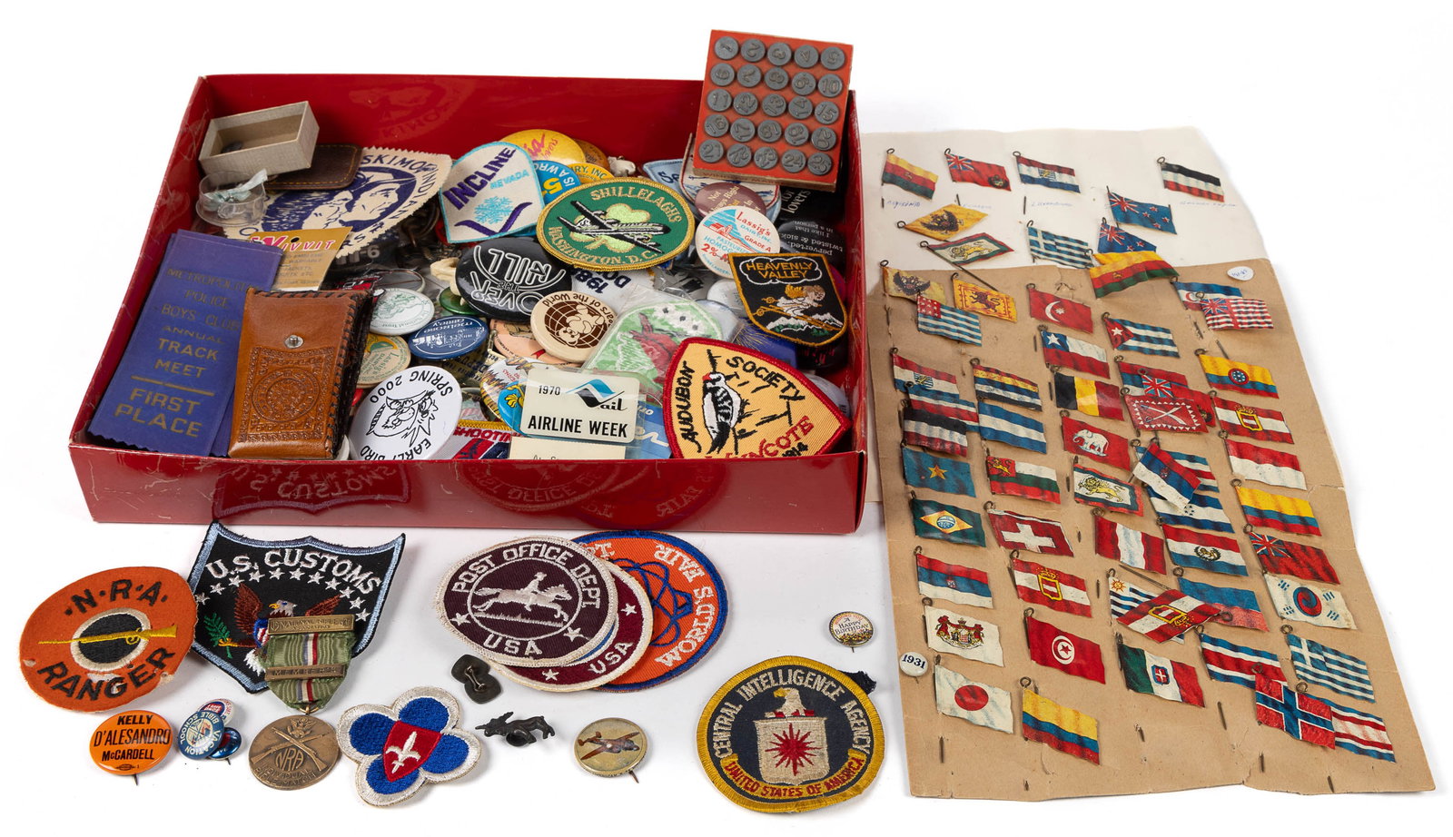 ASSORTED PATCHES / PINBACKS / CRUVER FLAG PINS, UNCOUNTED LOT: ASSORTED PATCHES / PINBACKS / CRUVER FLAG PINS, UNCOUNTED LOT, including many celluloid flag pins by the Cruver Manufacturing Company showing various country's flags, many patches ranging from the
