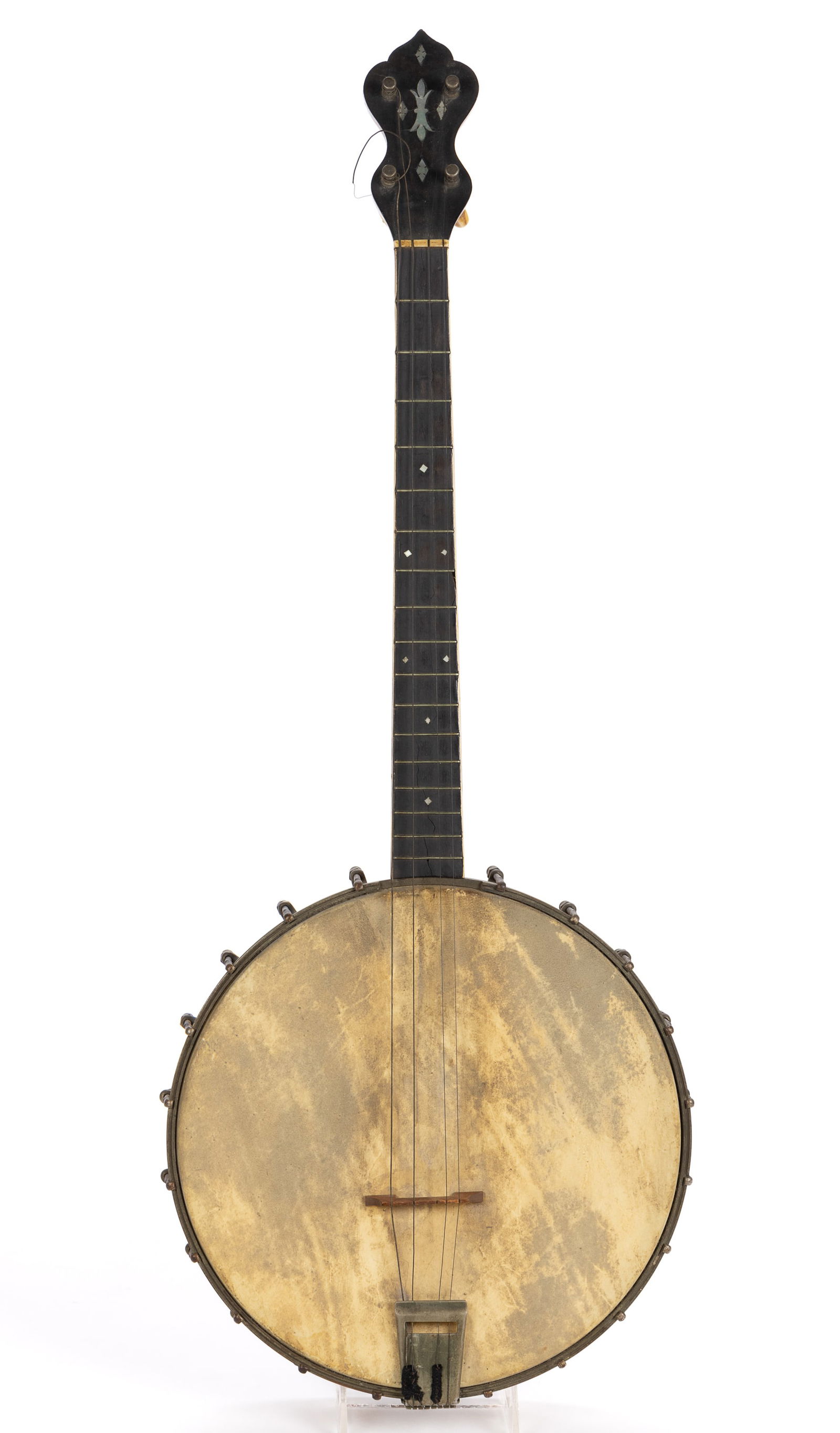 ANTIQUE BIRDSEYE MAPLE BANJO: ANTIQUE BIRDSEYE MAPLE BANJO, four string, birdseye maple rim and neck with rosewood rim cap, heel cap, and inlay, ebony fretboard with mother-of-pearl fret markers, veneer-front headstock with mother