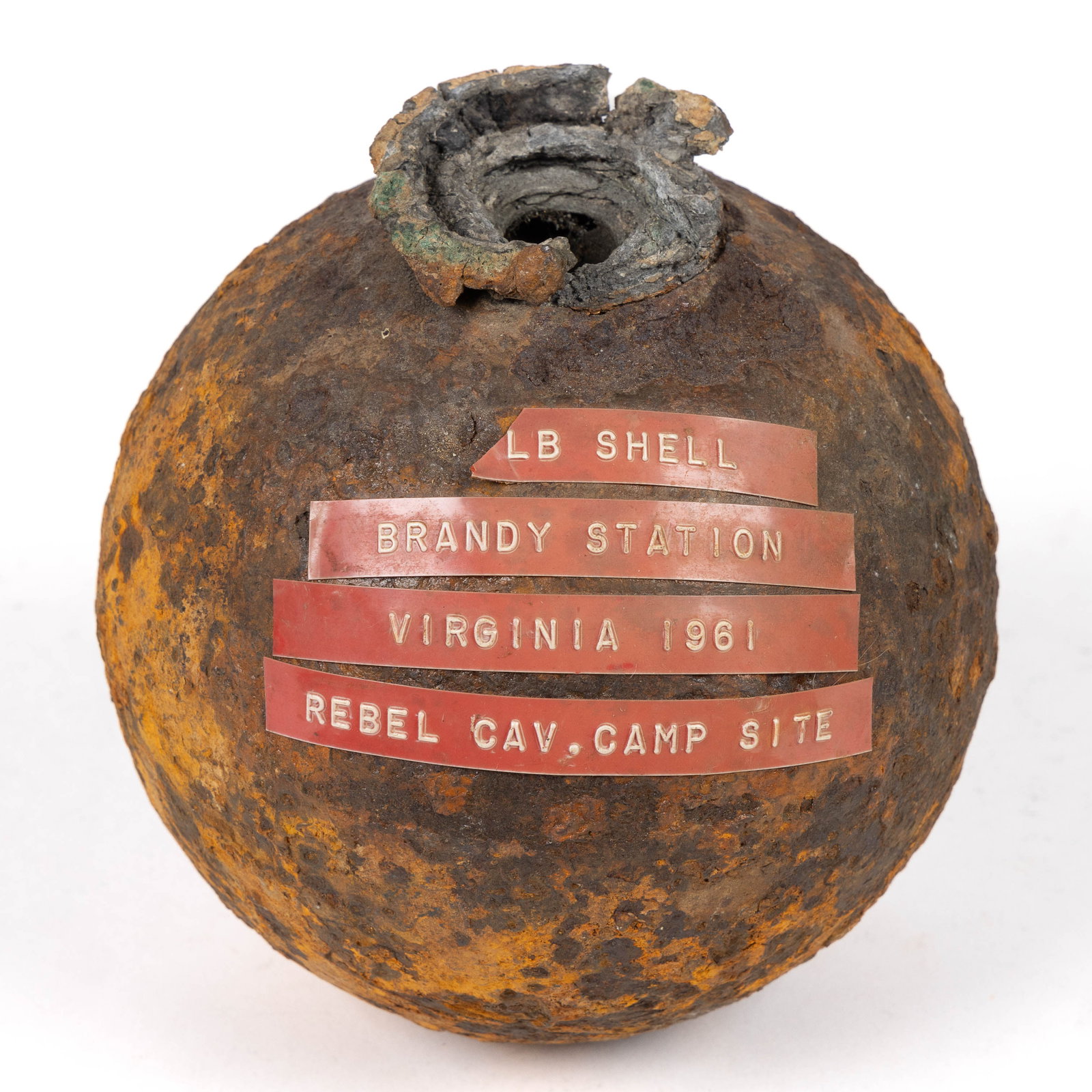 CIVIL WAR RELIC CANNONBALL: CIVIL WAR RELIC CANNONBALL, 8 1/2 pounds, labels indicate recovery from a Confederate Cavalry campsite at Brandy Station, Virginia, in 1961. Circa 1860. 4 1/2" D. Provenance: Co