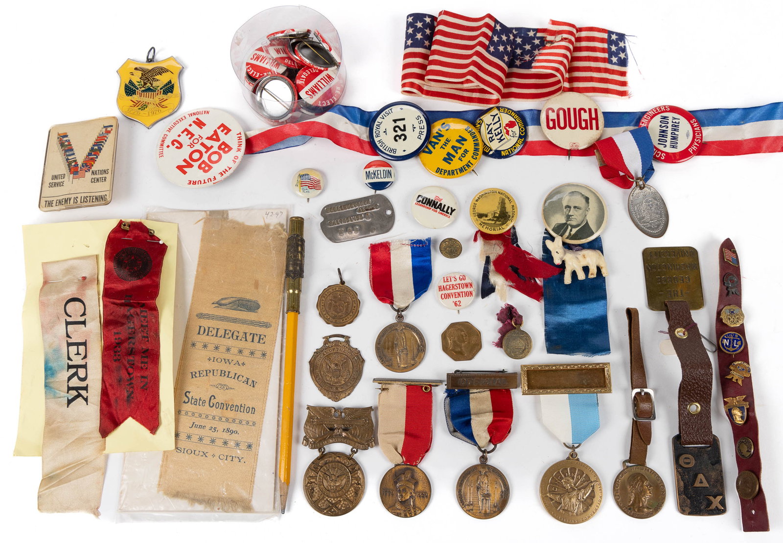 ASSORTED POLITICAL PATRIOTIC / AMERICAN PINBACKS / RIBBONS, UNCOUNTED LOT: ASSORTED POLITICAL PATRIOTIC / AMERICAN PINBACKS / RIBBONS, UNCOUNTED LOT, including a Franklin Delano Roosevelt campaign button, an Iowa Republican delegate ribbon from 1890 depicting a corn cob, and