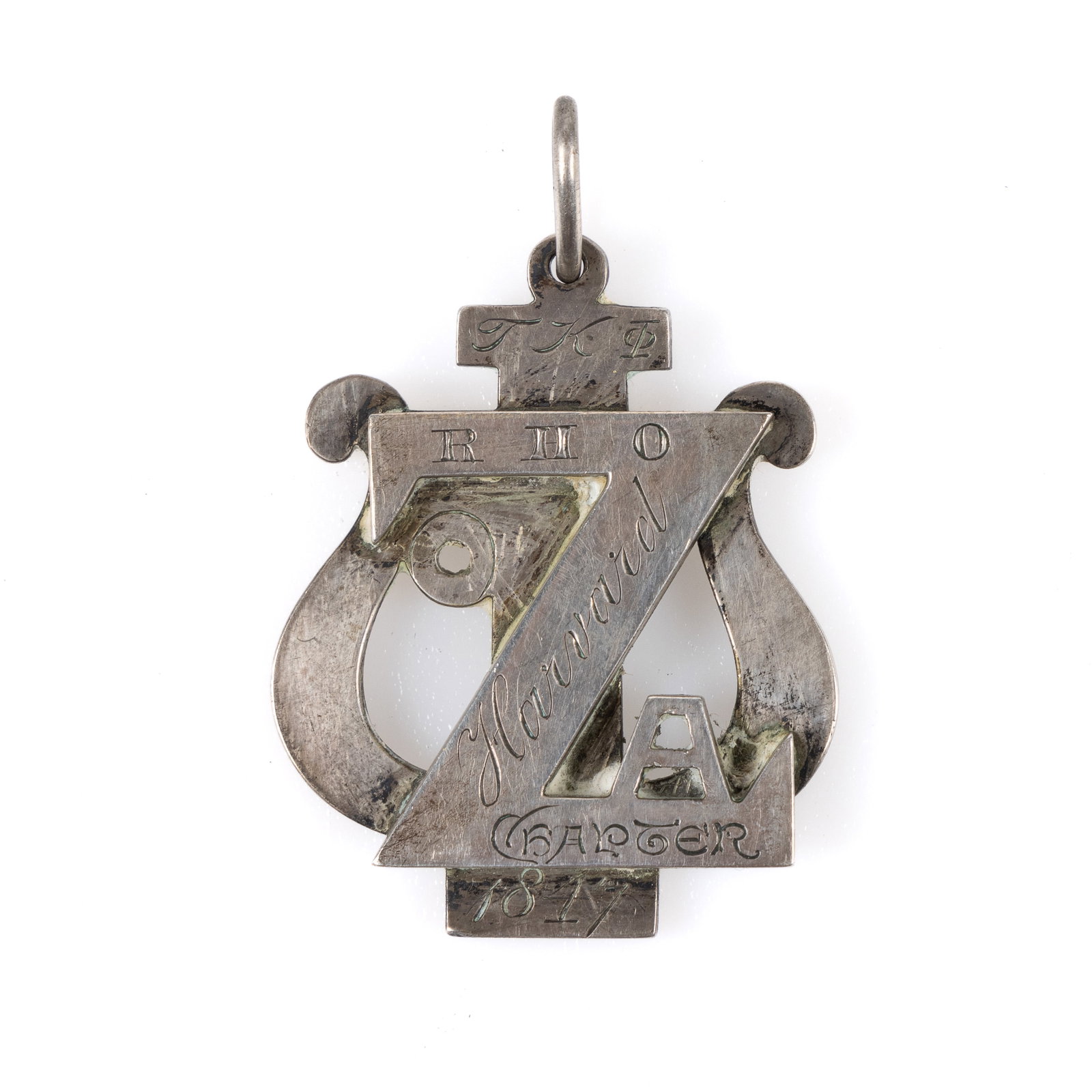 HARVARD UNIVERSITY SILVER ZETA PSI FRATERNITY PENDANT FOR C.H.L. JOHNSTON (WASHINGTON, DC,: HARVARD UNIVERSITY SILVER ZETA PSI FRATERNITY PENDANT FOR C.H.L. JOHNSTON (WASHINGTON, DC, 1877-1943), in the form of the Zeta and Psi Greek letters with bail to top, featuring one side engraved 
