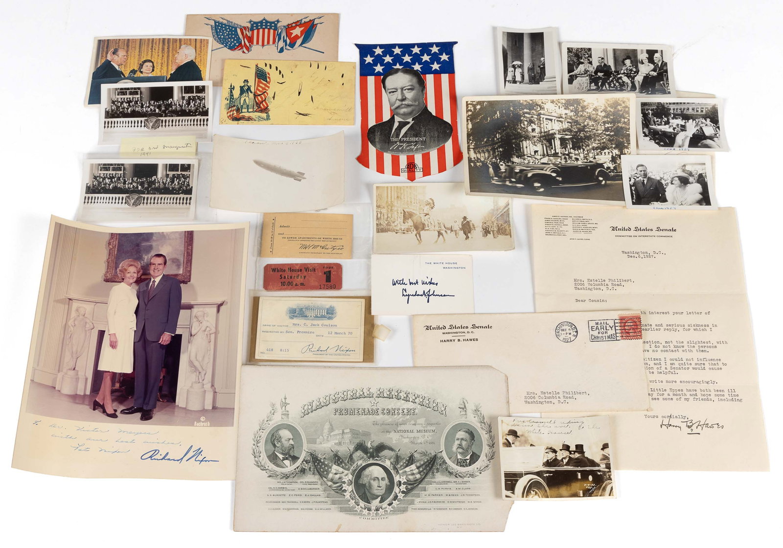 AMERICAN POLITICAL PHOTOGRAPHS AND EPHEMERA, UNCOUNTED LOT: AMERICAN POLITICAL PHOTOGRAPHS AND EPHEMERA, UNCOUNTED LOT, photographs include an inscribed and signed color glossy photo of Pat and Richard Nixon, images of FDR's first and third inaugurations, 