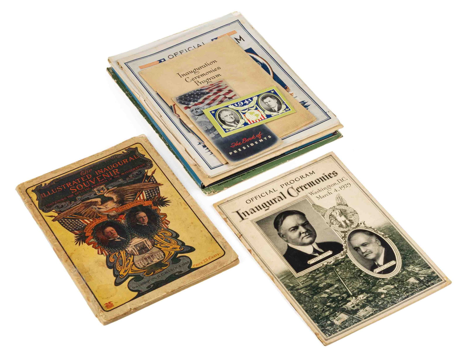UNITED STATES POLITICAL EPHEMERA, LOT OF TEN: UNITED STATES POLITICAL EPHEMERA, LOT OF TEN, Inauguration programs for 1909, 1929, 1933 (two different), 1949 with envelope, 1957 with envelope, and 1973; 1941 Inauguration ticket; and 1955 Pres