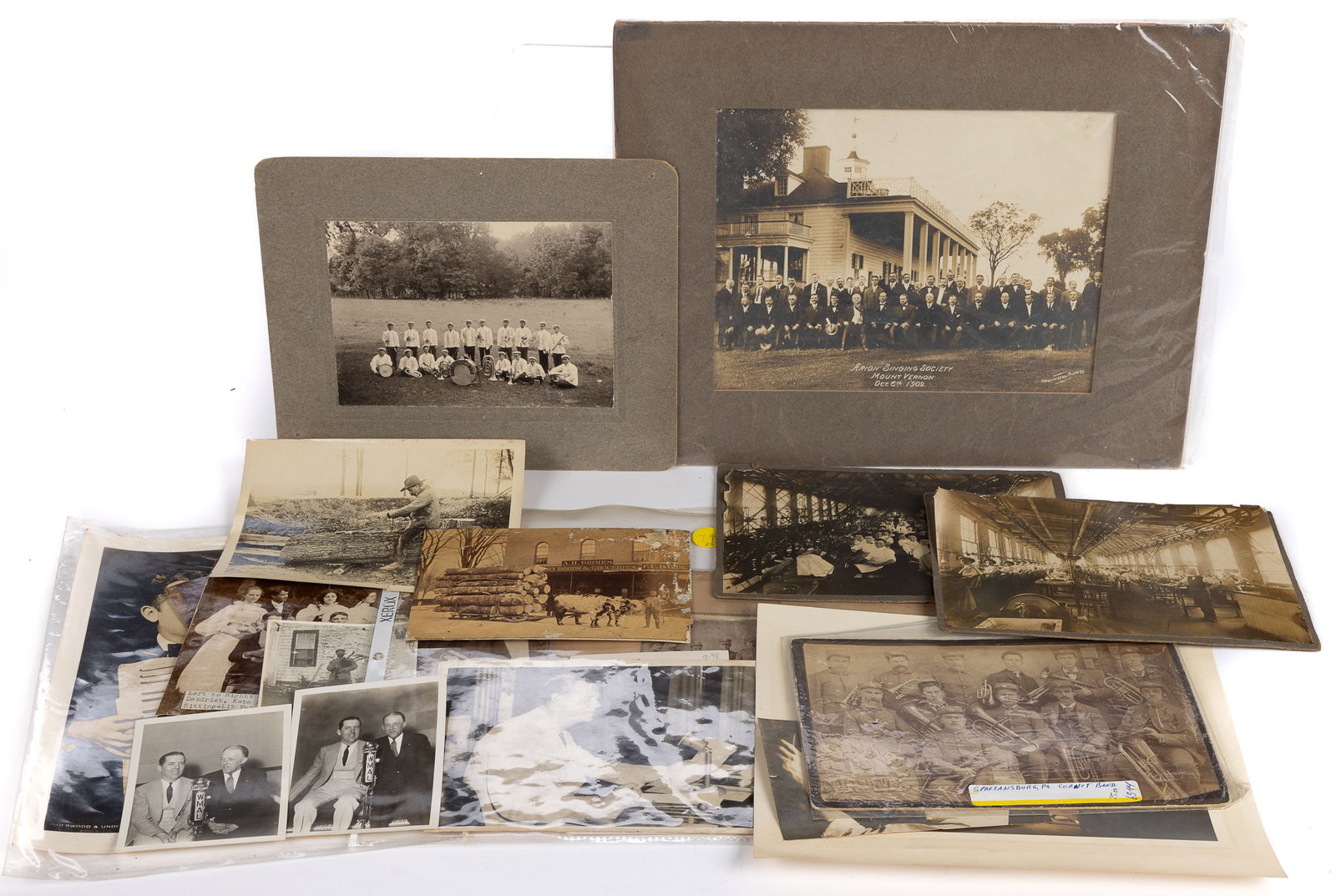 ASSORTED ANTIQUE AND VINTAGE MUSIC / OCCUPATIONAL PHOTOGRAPHS, LOT OF 17: ASSORTED ANTIQUE AND VINTAGE MUSIC / OCCUPATIONAL PHOTOGRAPHS, LOT OF 17, including two featuring Lester Covin and Stanley Belle in the WMAL radio studio, one depicting a sled of stacked lumber pulled