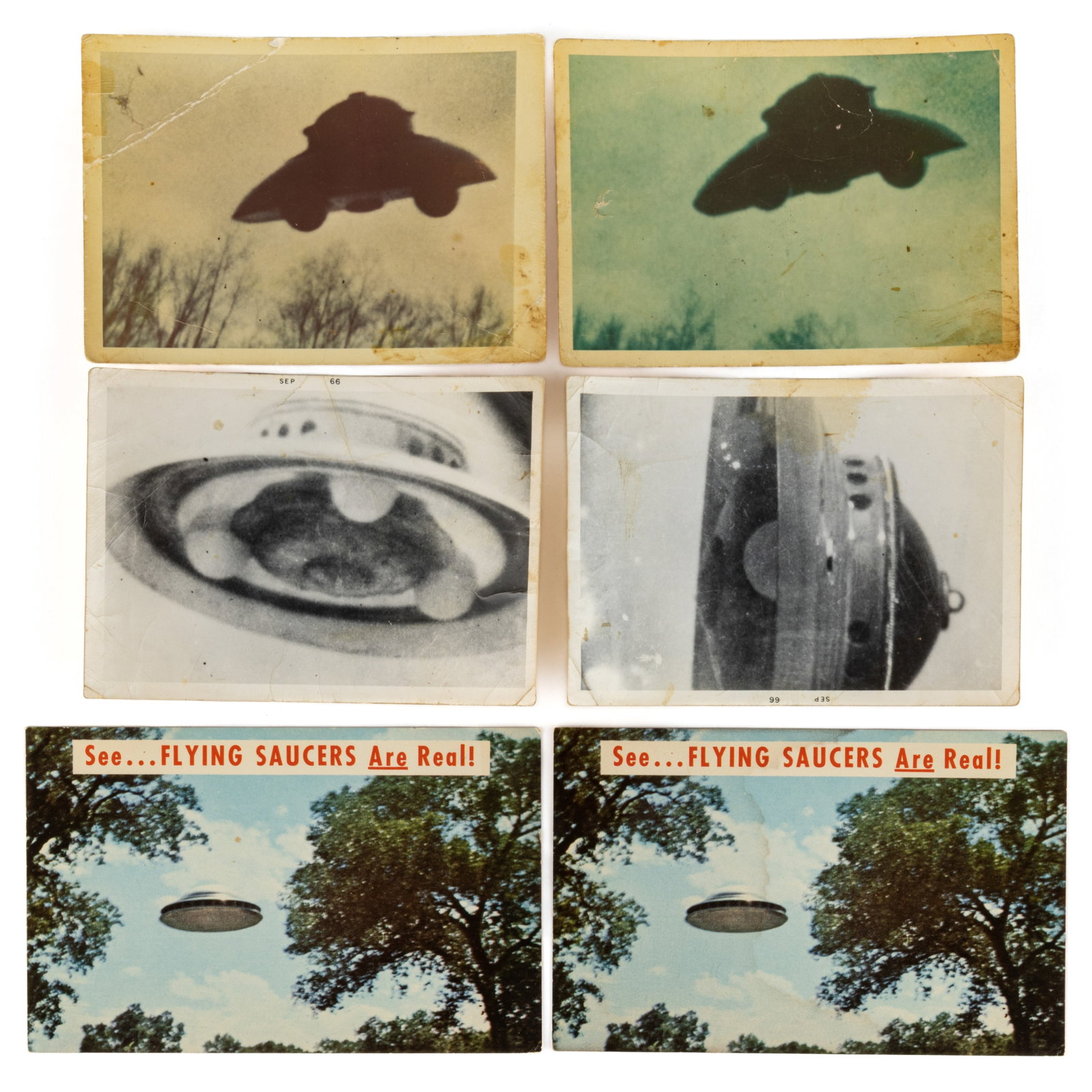 VINTAGE FLYING SAUCER / UFO PHOTOGRAPHS AND POST CARDS, LOT OF SIX: VINTAGE FLYING SAUCER / UFO PHOTOGRAPHS AND POST CARDS, LOT OF SIX, comprising two copies of photos taken by Madeleine C. Rodeffer of Silver Springs, Maryland in her front yard on February 26, 1965 ha