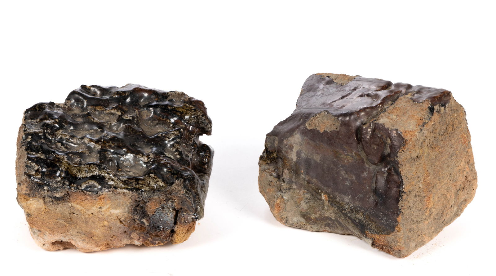 RICHMOND, VIRGINIA AREA KILN FRAGMENTS / ARTIFACTS, LOT OF TWO: RICHMOND, VIRGINIA AREA KILN FRAGMENTS / ARTIFACTS, LOT OF TWO, red-brown colored clay, with a myriad of glazes/glass build up from repeated firing in a kiln. Most likely from a Richmond, VA area pott