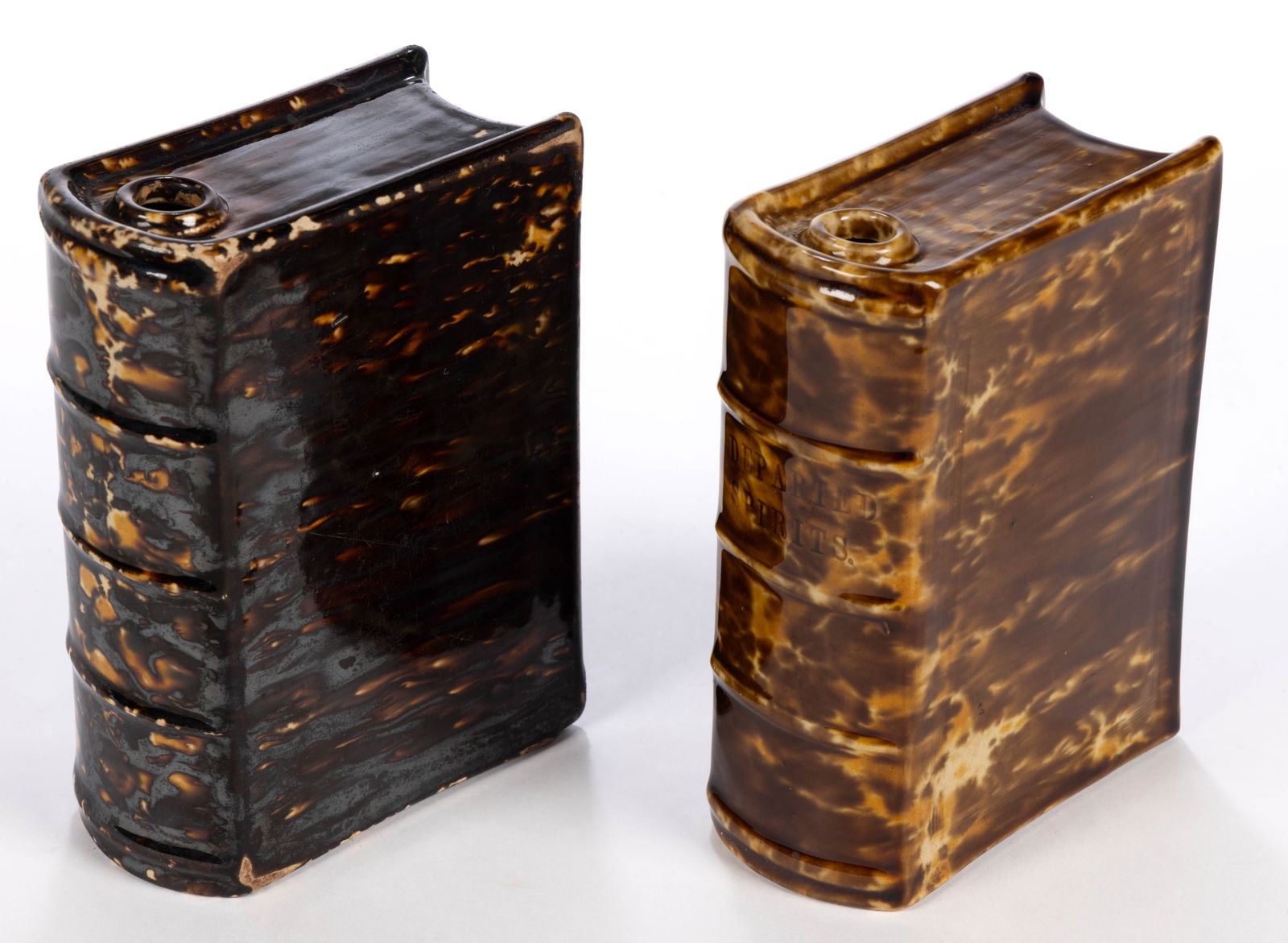 AMERICAN BENNINGTON ATTRIBUTED FLINT ENAMEL ROCKINGHAM GLAZE POTTERY BOOK FLASKS, LOT OF TWO (1 of 2)