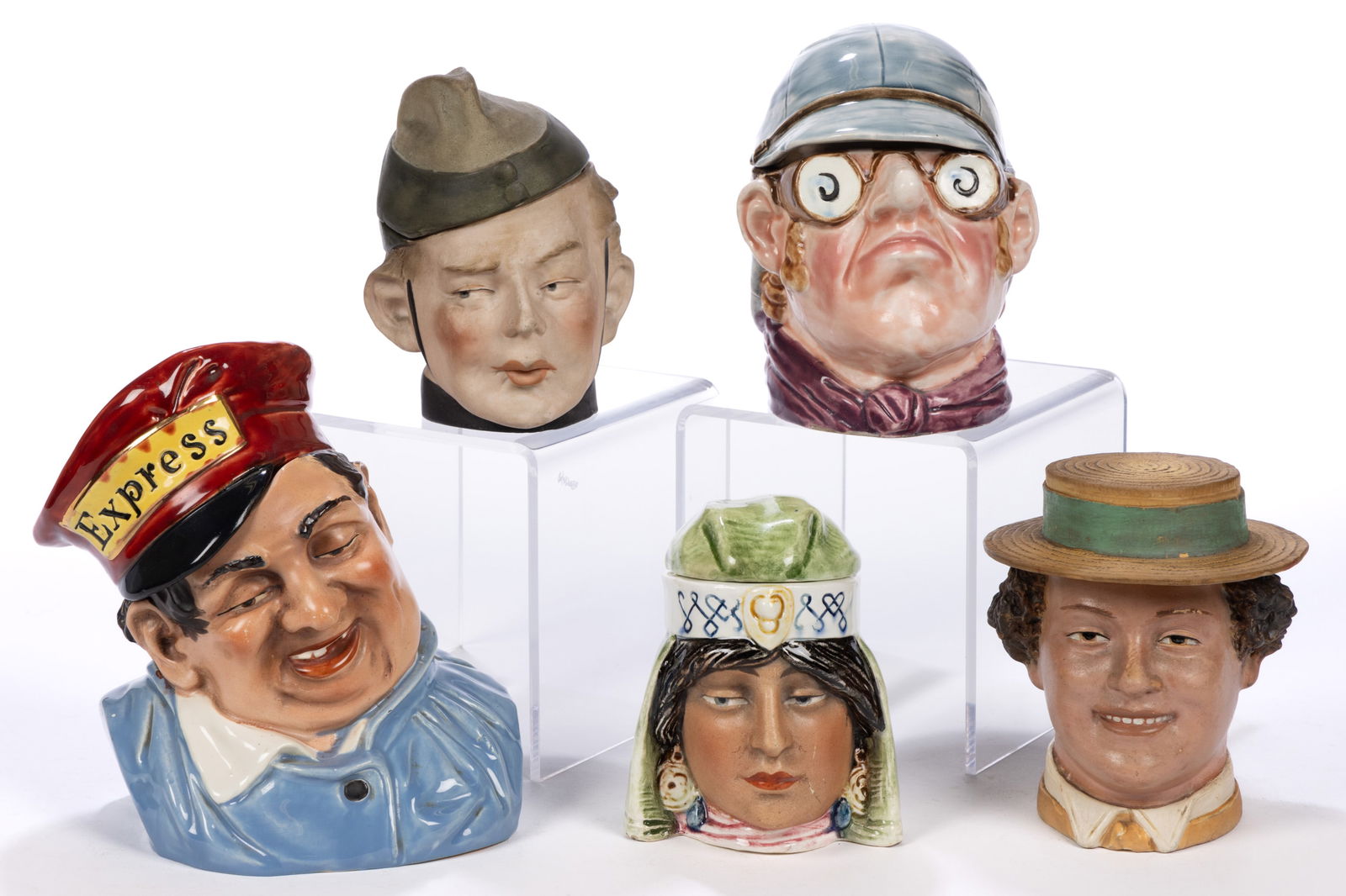CONTINENTAL PORCELAIN FIGURAL HEAD HUMIDORS, LOT OF FIVE (1 of 4)