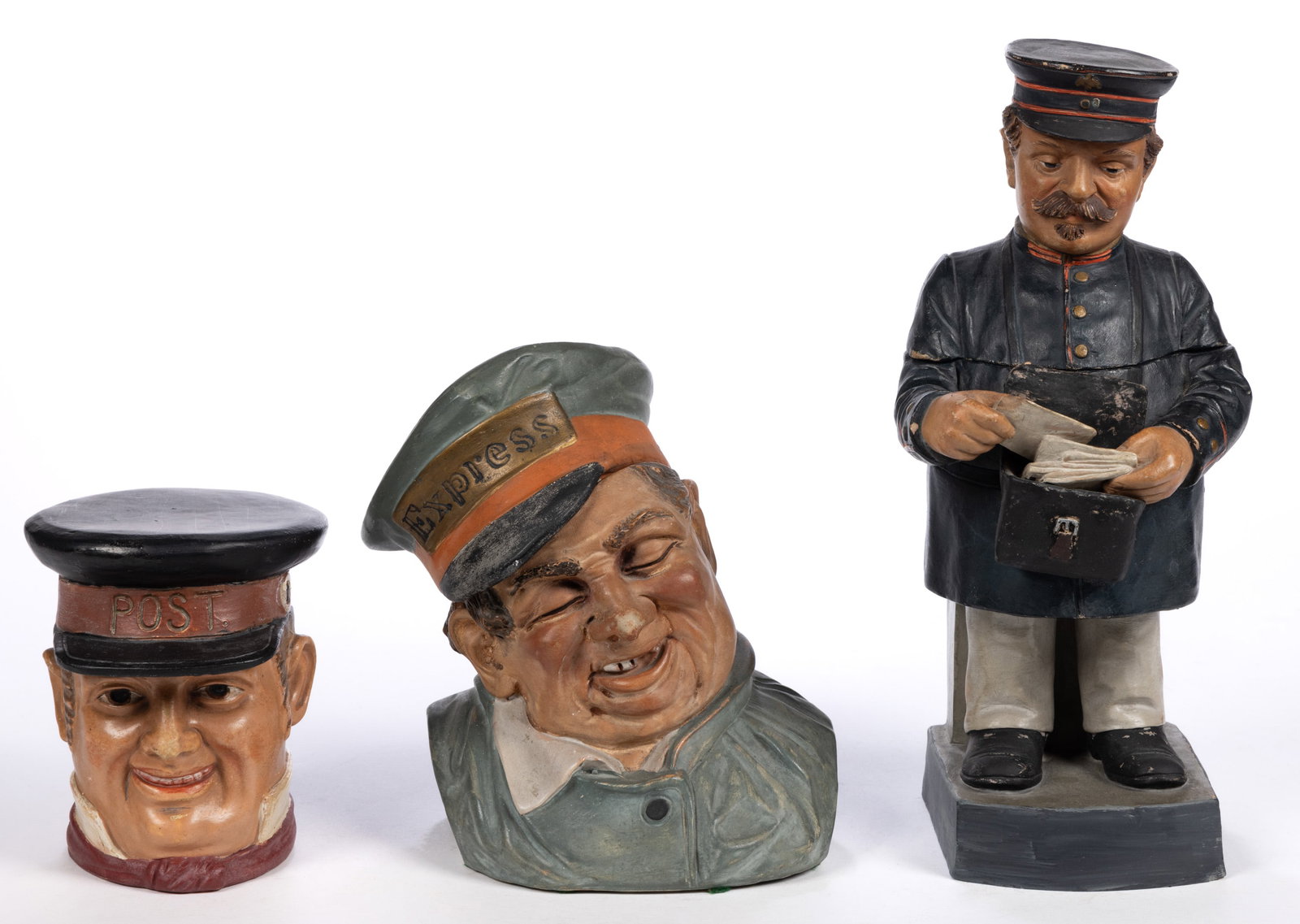 CONTINENTAL CERAMIC OCCUPATIONAL FIGURAL HUMIDORS, LOT OF THREE: CONTINENTAL CERAMIC OCCUPATIONAL FIGURAL HUMIDORS, LOT OF THREE, comprising two postman examples including one head-form example having "POST" to hat and one full-bodied example depicting a 