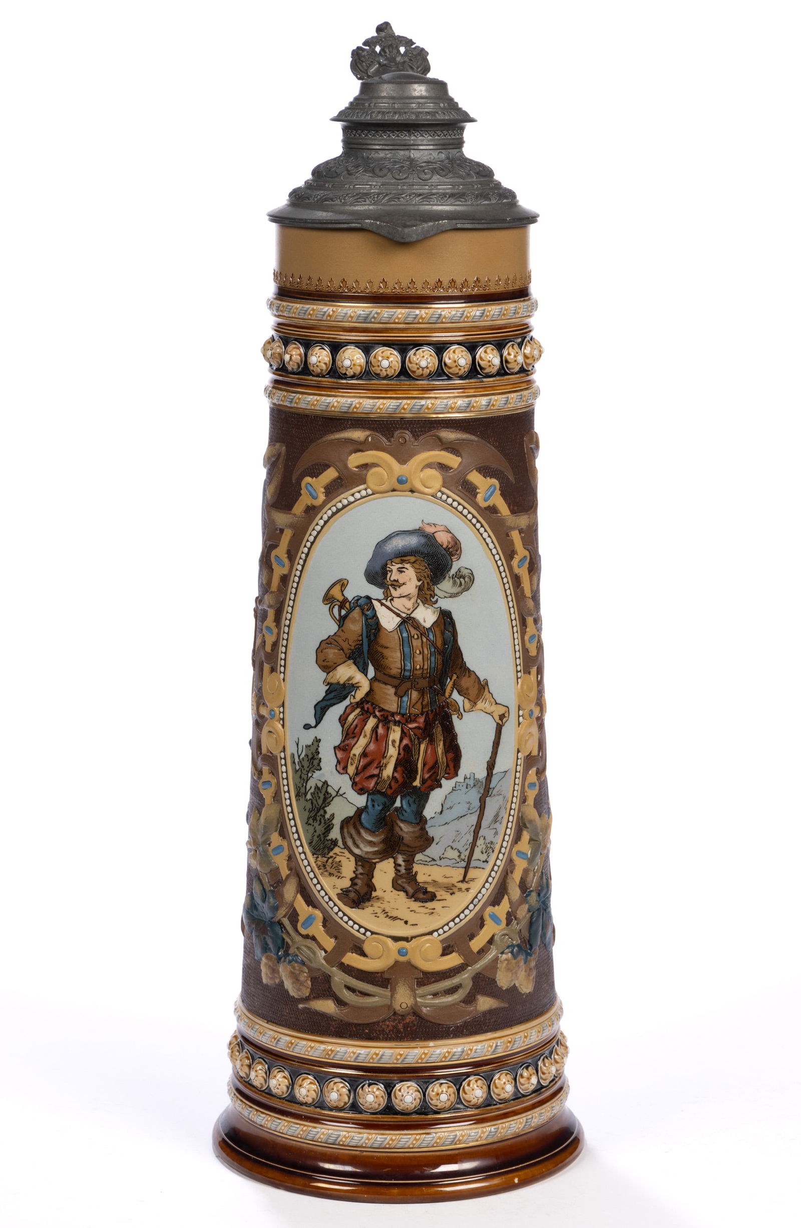 GERMAN METTLACH TRUMPETER LARGE CERAMIC STEIN (1 of 5)