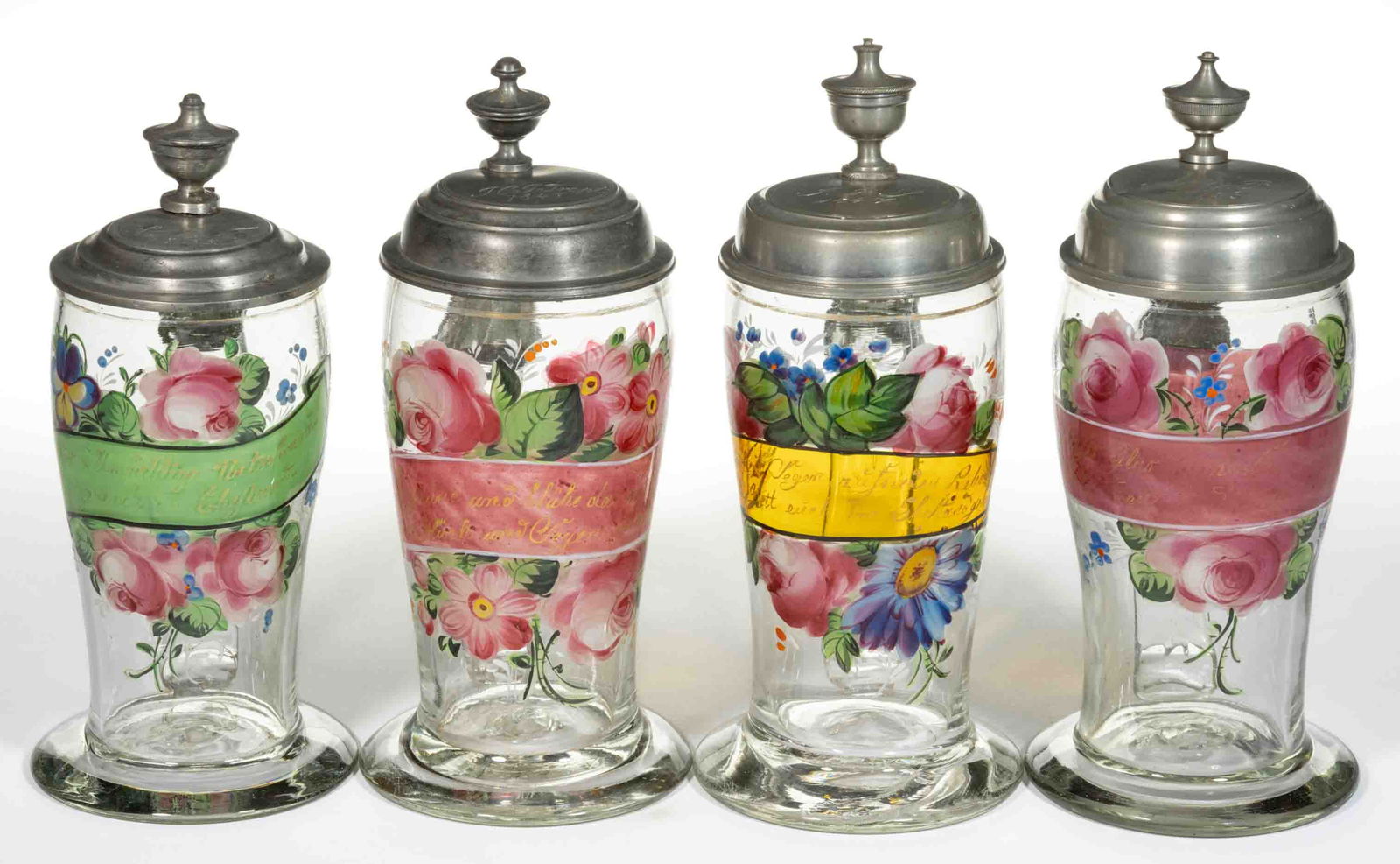 EUROPEAN BLOWN AND DECORATED GLASS STEINS, LOT OF FOUR (1 of 2)