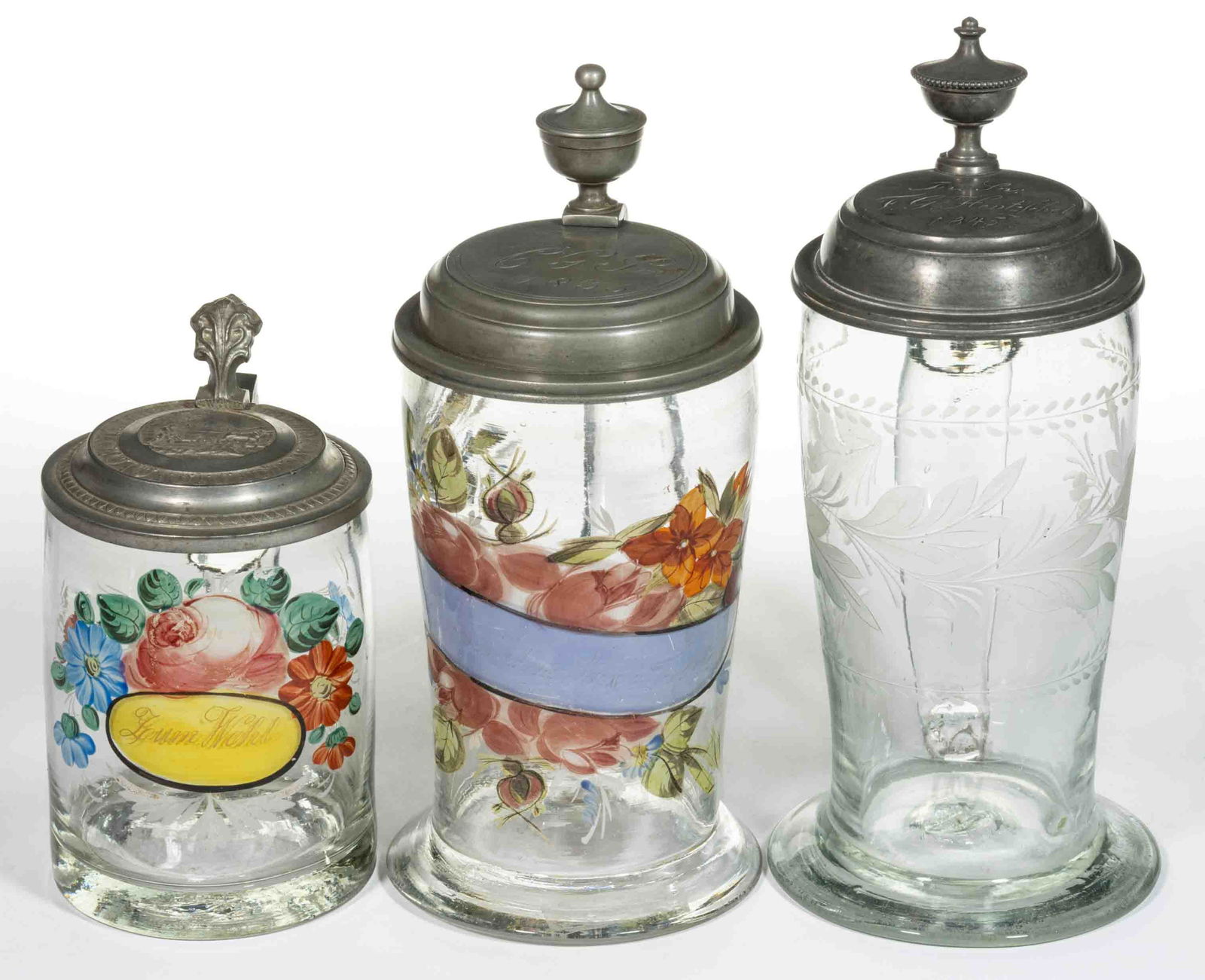 EUROPEAN BLOWN GLASS STEINS, LOT OF THREE (1 of 2)