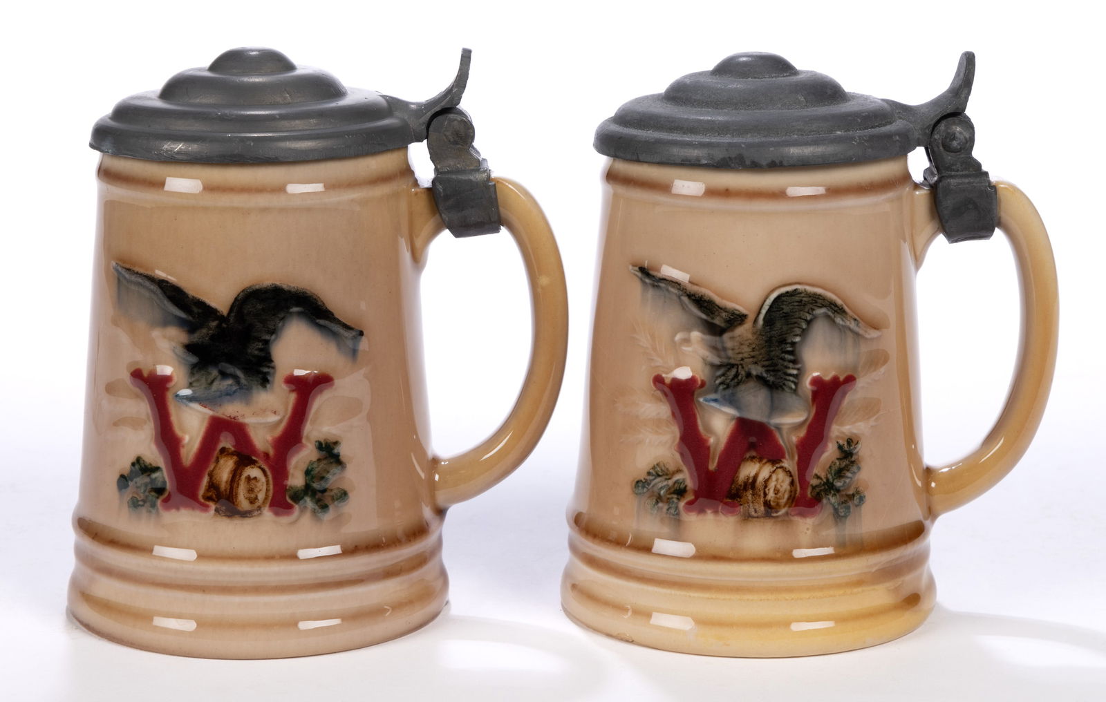 AMERICAN ROOKWOOD POTTERY WIEDEMANN BREWERY ADVERTISING CERAMIC STEINS, LOT OF TWO (1 of 5)