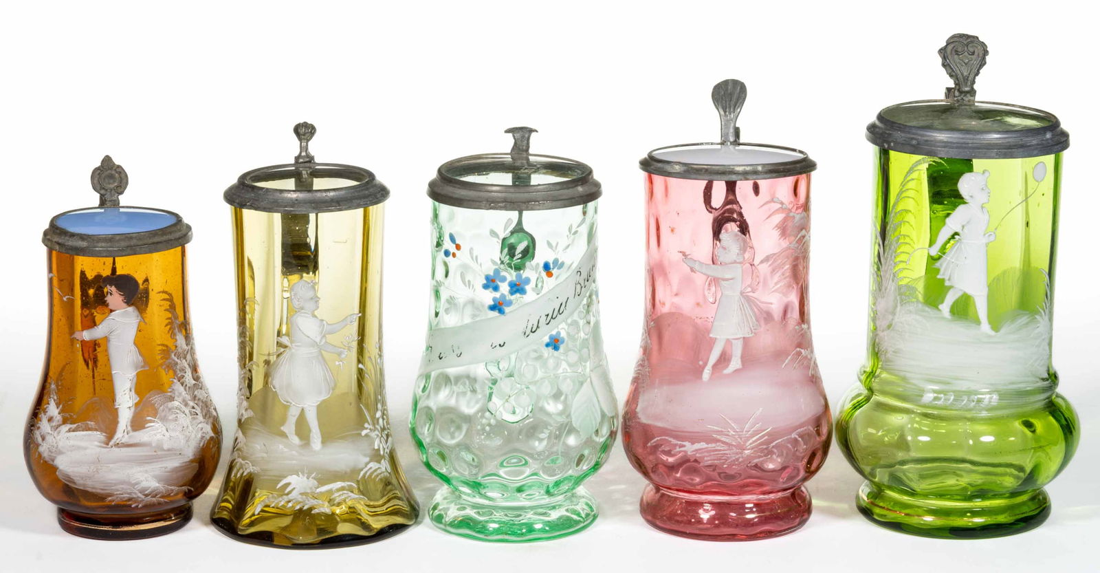 VICTORIAN MARY GREGORY (SO-CALLED) ENAMEL-DECORATED GLASS STEINS, LOT OF FOUR (1 of 2)