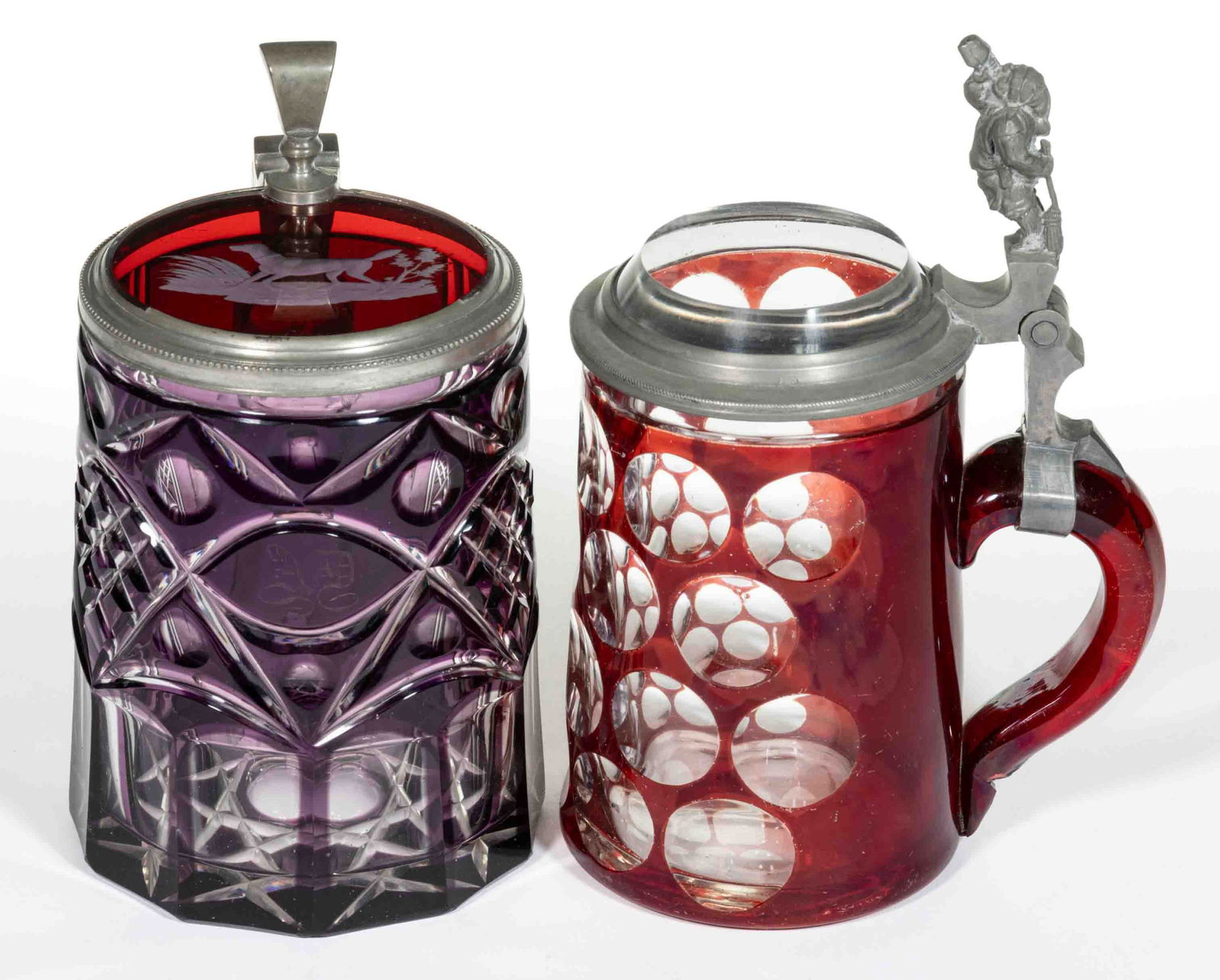 CUT-OVERLAY GLASS STEINS, LOT OF TWO (1 of 2)