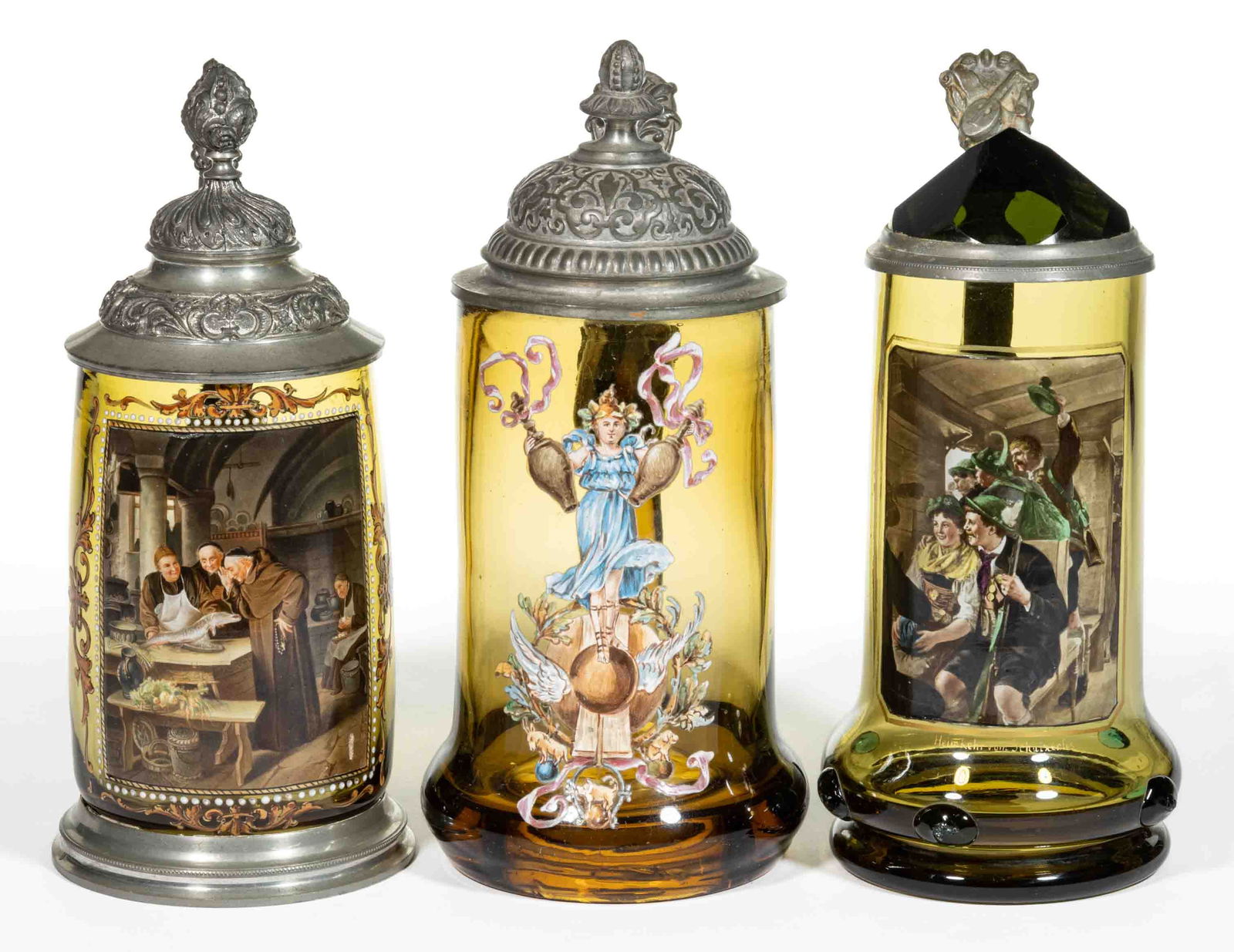BOHEMIAN ENAMEL-DECORATED GLASS STEINS, LOT OF THREE (1 of 2)