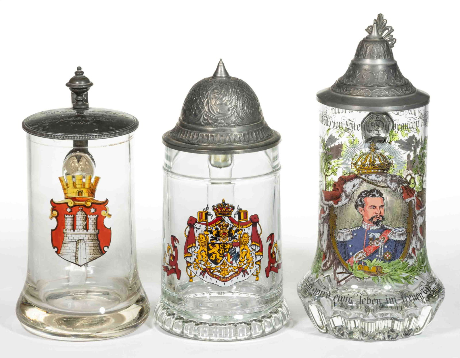 EUROPEAN ARMORIAL ENAMEL-DECORATED GLASS STEINS, LOT OF THREE (1 of 4)