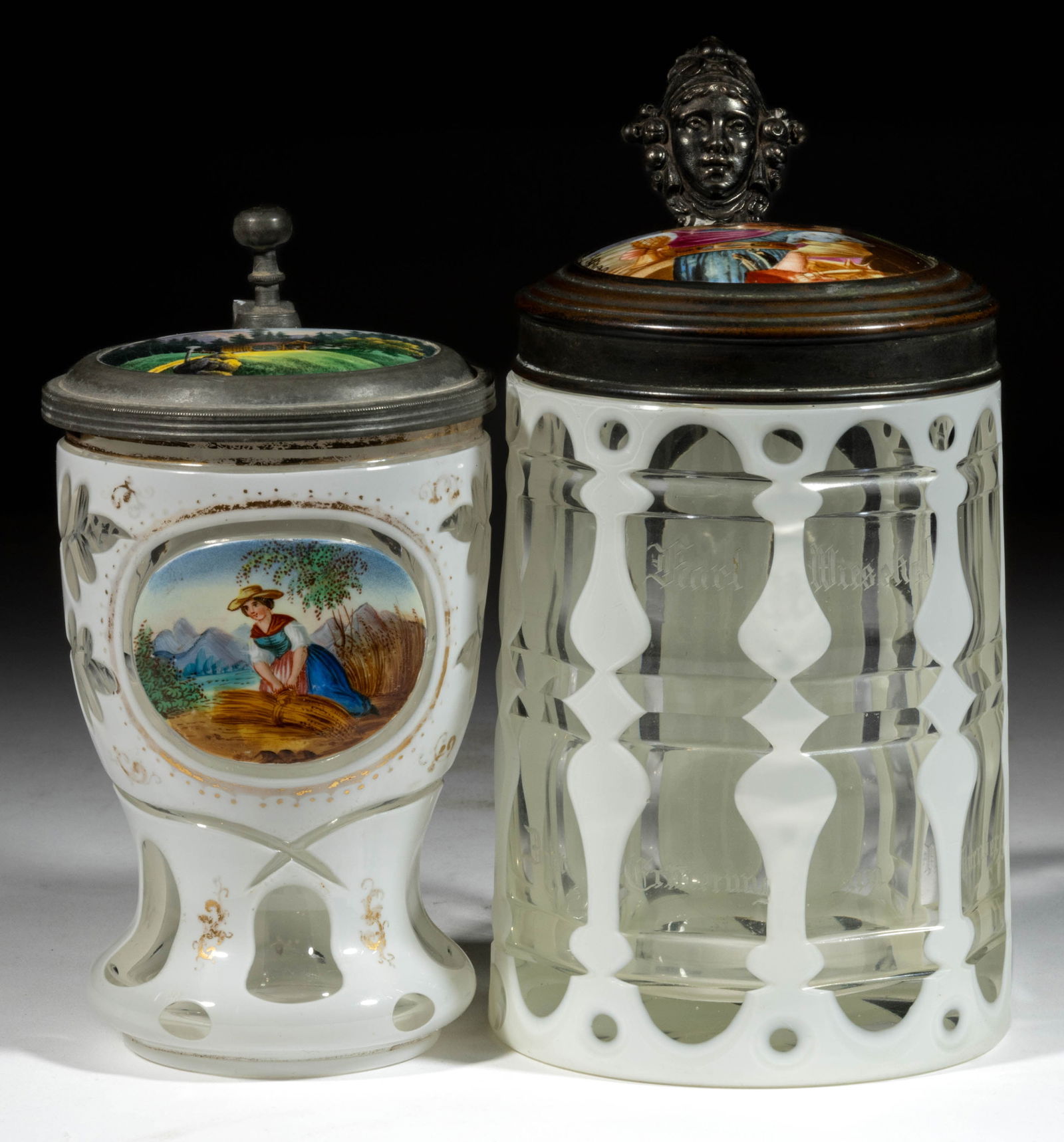 BOHEMIAN CUT-OVERLAY GLASS STEINS, LOT OF TWO (1 of 3)