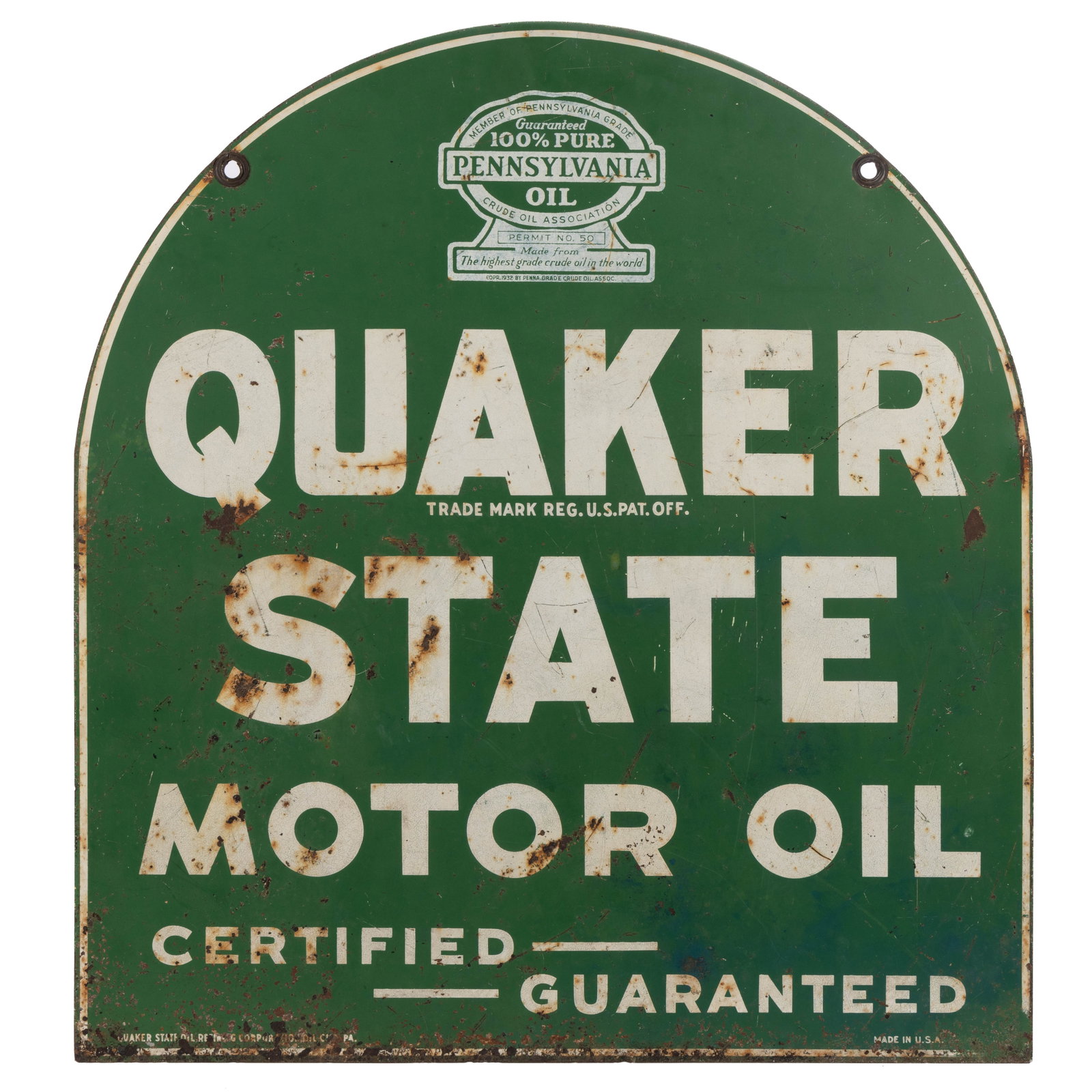 QUAKER STATE MOTOR OIL PORCELAIN TOMBSTONE SIGN: QUAKER STATE MOTOR OIL PORCELAIN TOMBSTONE SIGN, double sided, rounded-top/tombstone form retaining vibrant green color. American. Circa 1930. 29" x 26 1/2" OA. Shipping Note: The fragi