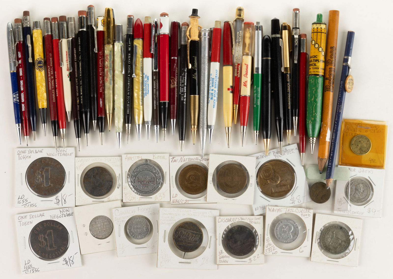 ASSORTED ADVERTISING TOKENS AND PENS / PENCILS, LOT OF 51 (1 of 1)