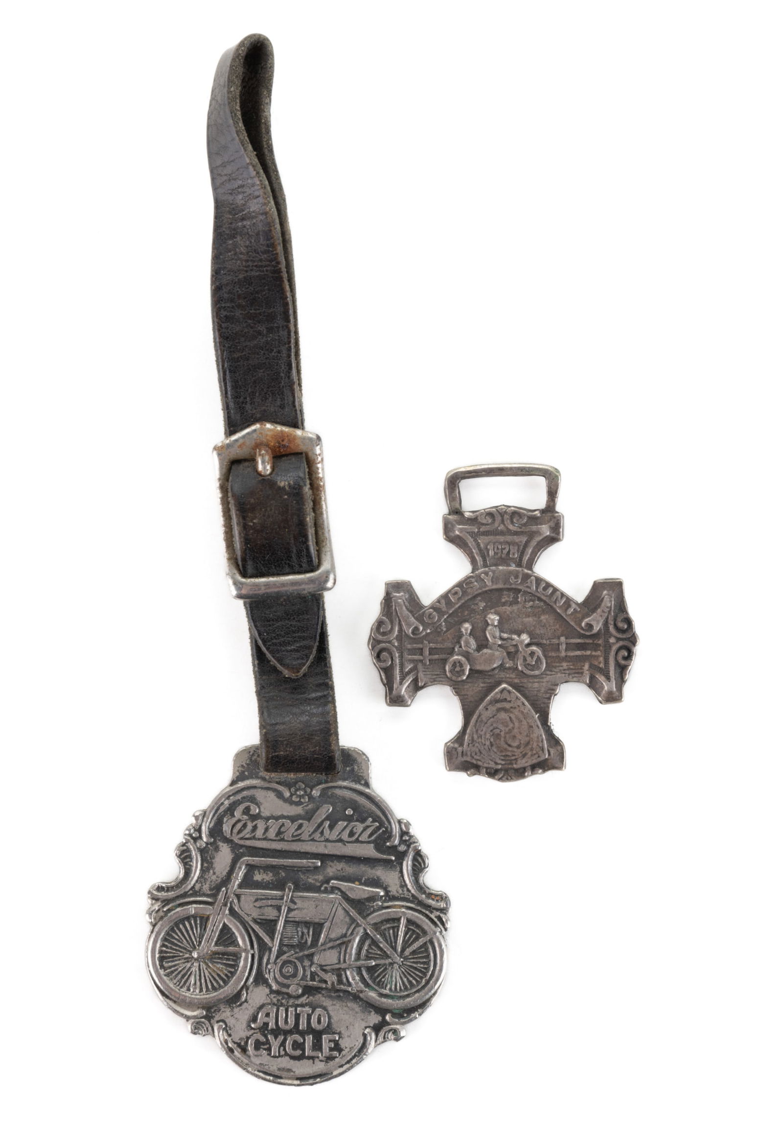 ASSORTED MOTORCYCLE / AUTOCYCLE STERLING AND SILVER-TONED FOBS, LOT OF TWO (1 of 2)