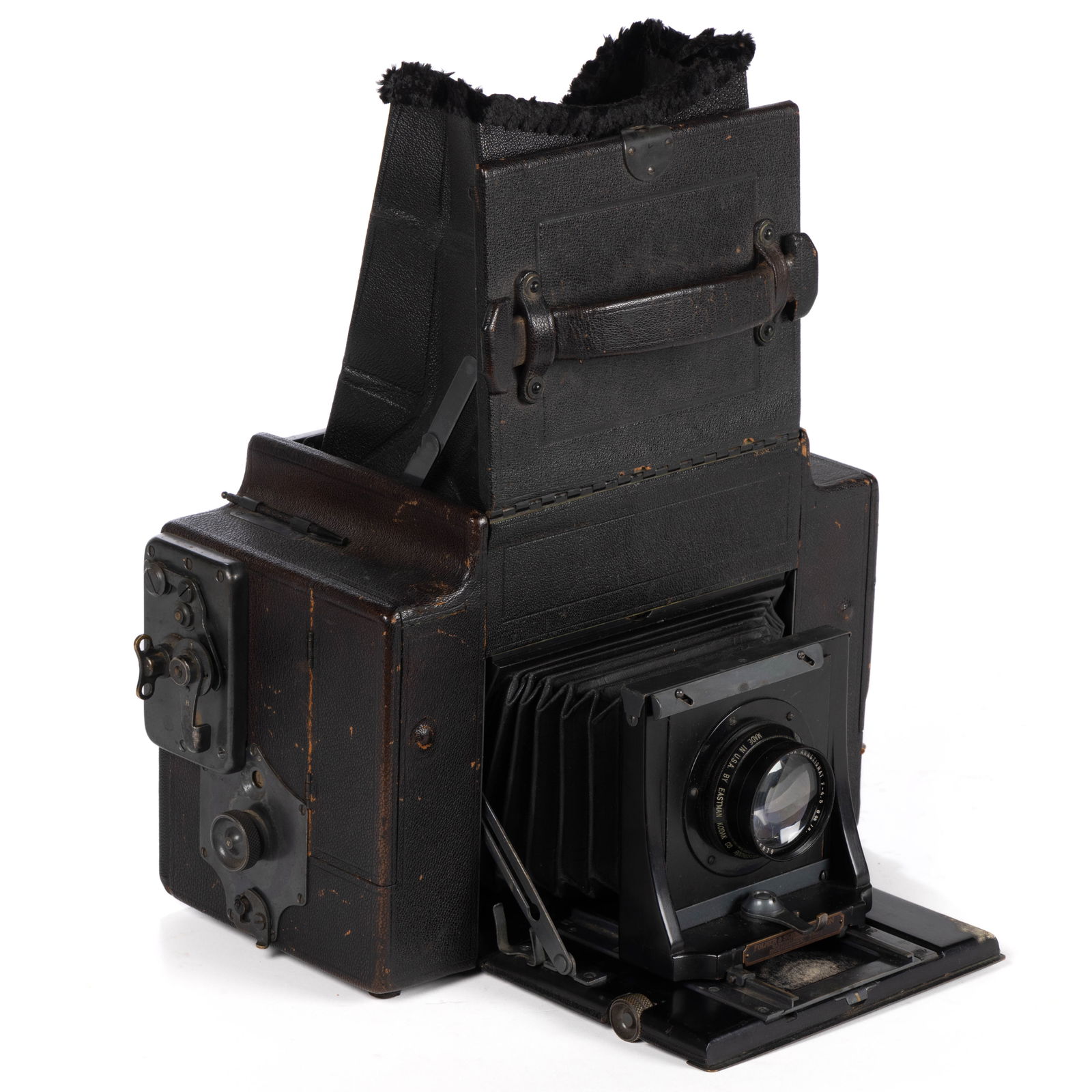 ANTIQUE FOLMER & SCHWING 3A GRAFLEX AUTOGRAPHIC REFLEX CAMERA: ANTIQUE FOLMER & SCHWING 3A GRAFLEX AUTOGRAPHIC REFLEX CAMERA, mostly black leather coated and painted wooden hardware and gray-toned metal trim/components, specially designed back accepting